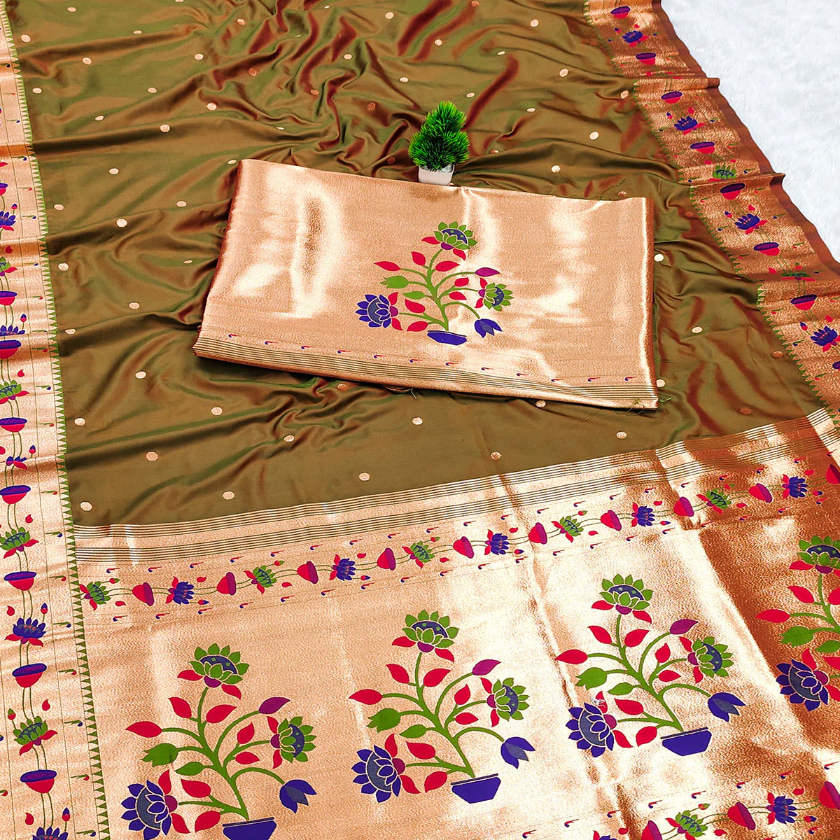 Olive Paithani Inspired Lotus Woven Kanjivaram Bridal Silk Saree - Image 2