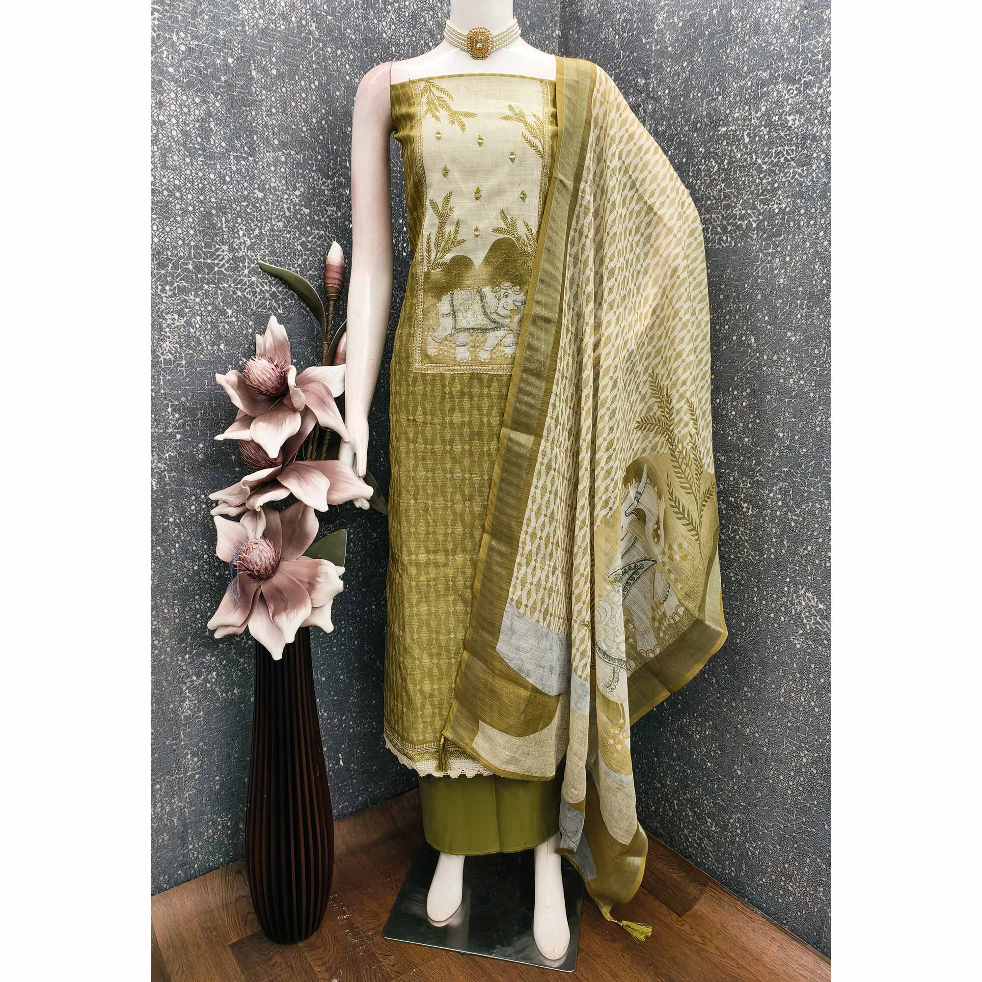 Olive Premium Woven Linen Dress Material for Comfortable Styling - Image 3