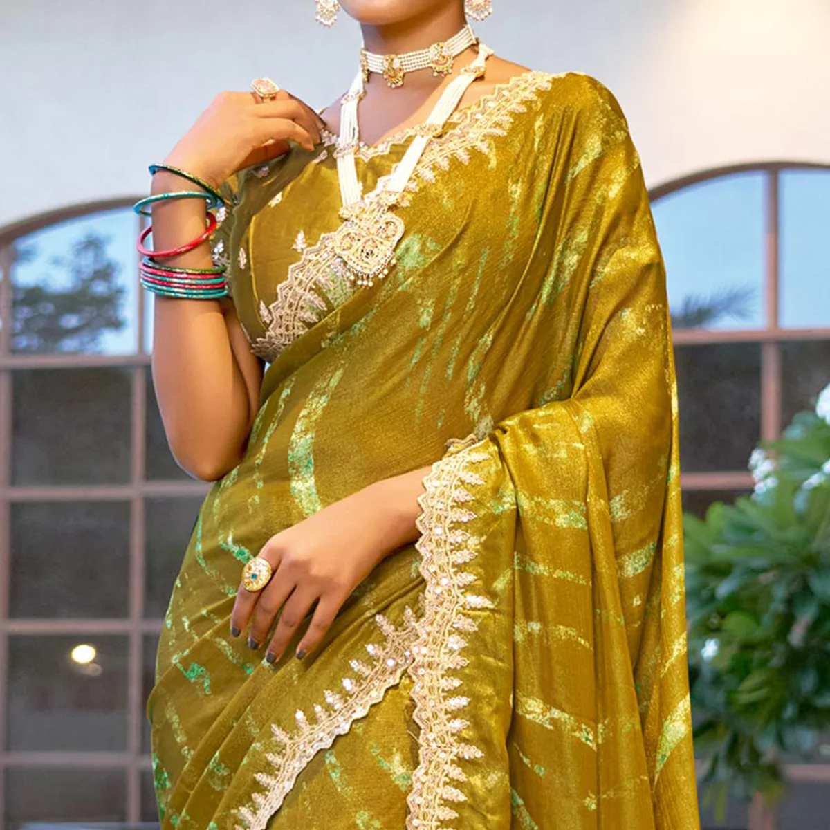 Olive Printed Chiffon Saree With Sequins Border - Image 2