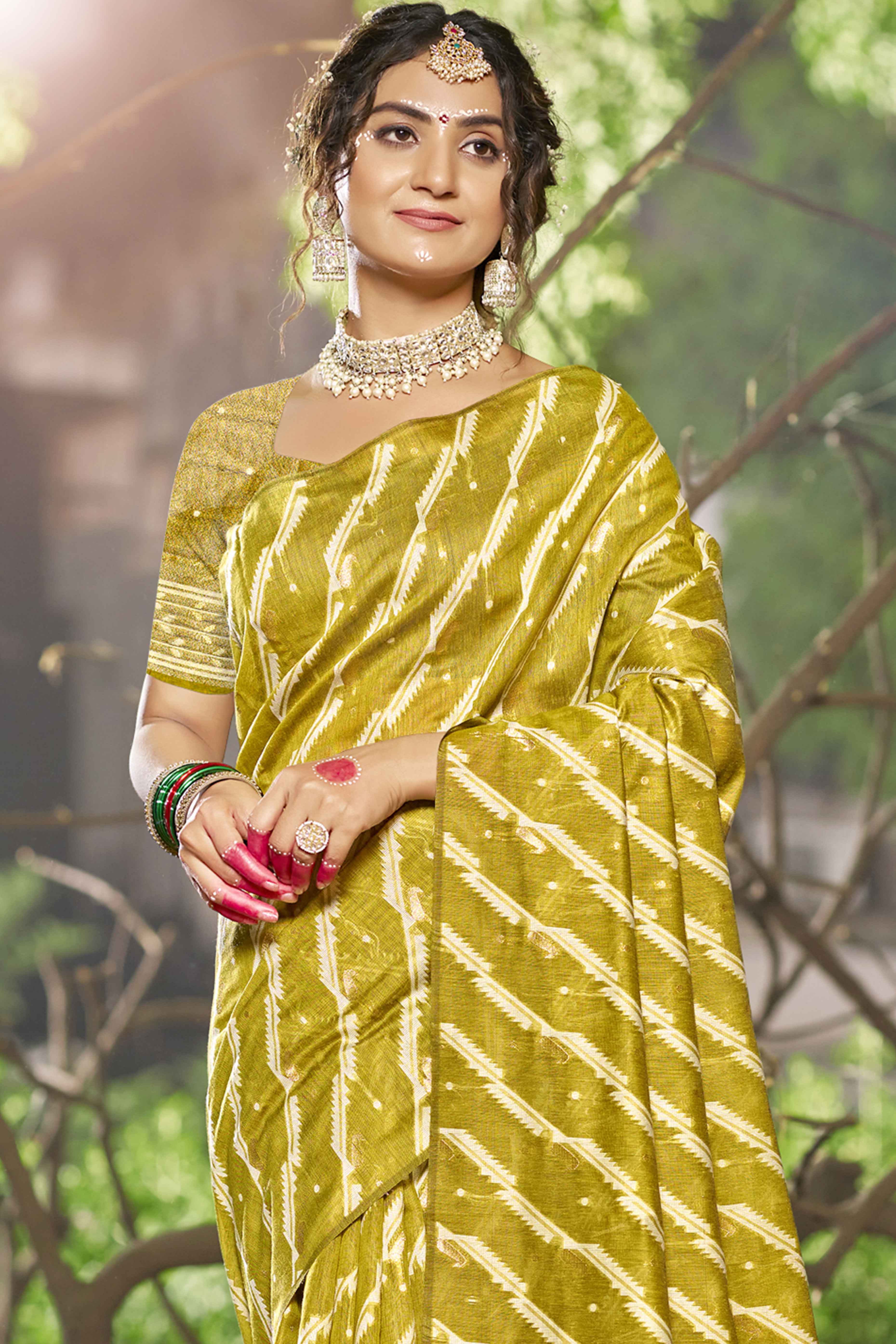 Olive Printed With Woven Linen Cotton Saree With Tassels - Image 3