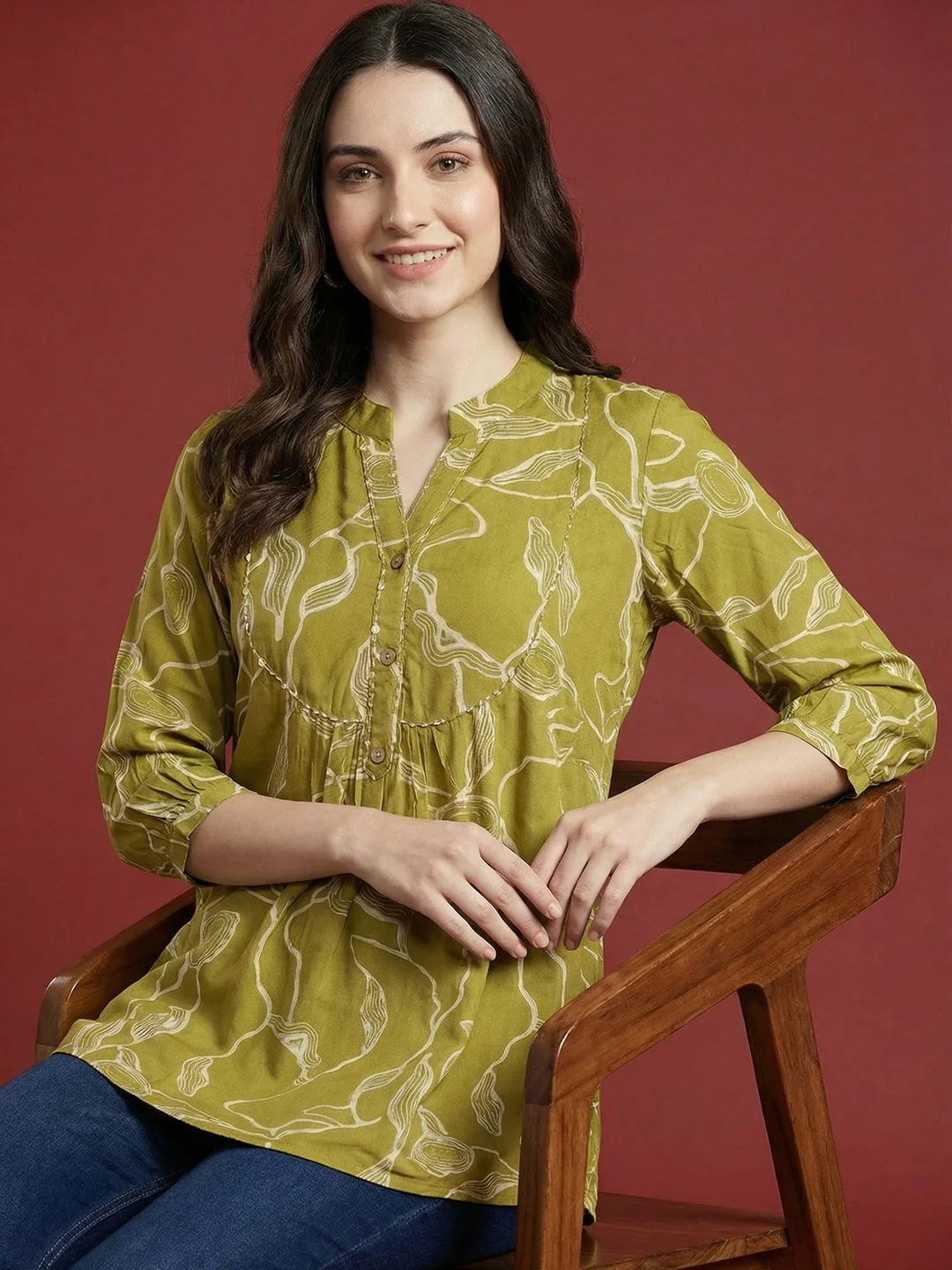 Olive Rayon Top with Abstract Print and Mandarin Collar - Image 4
