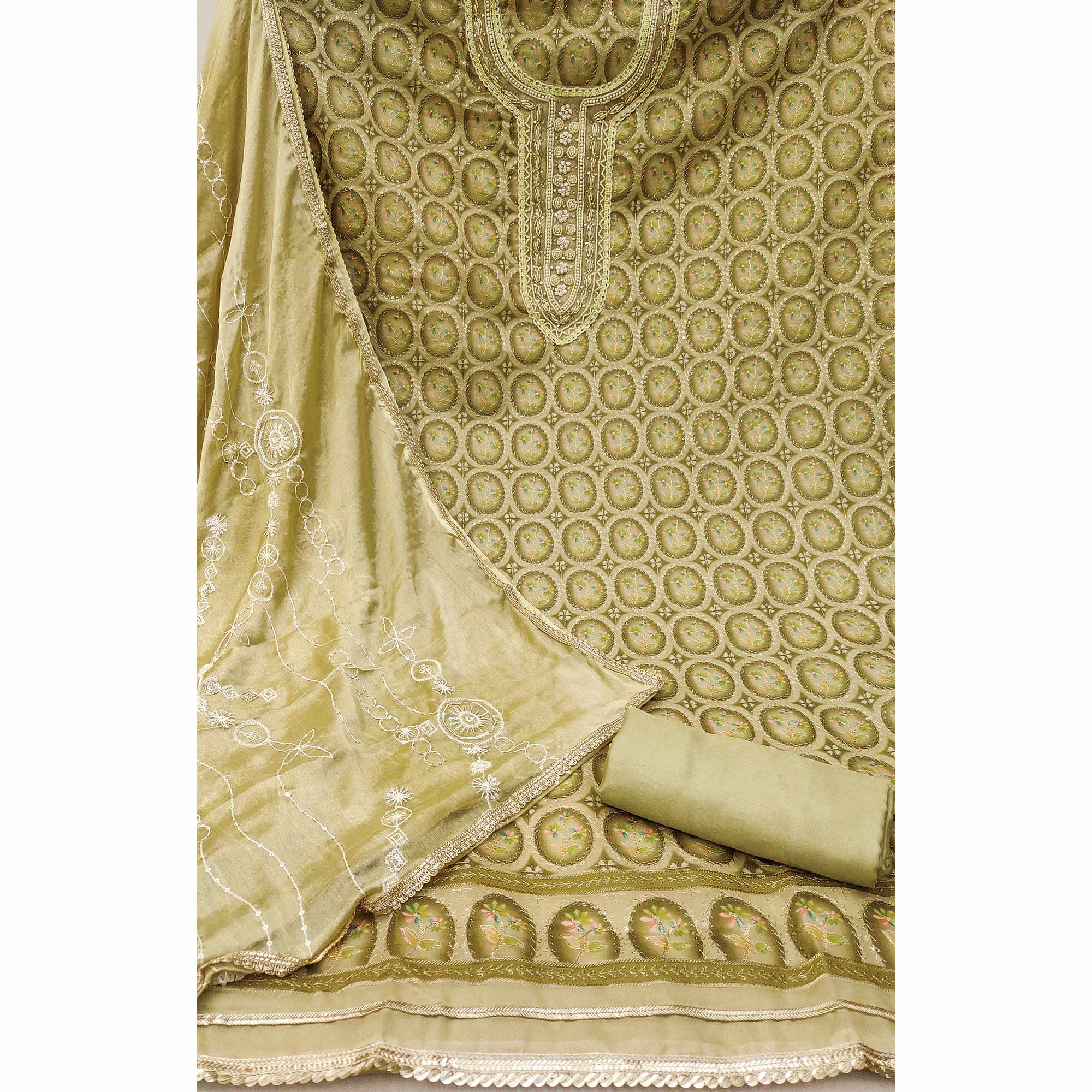 Olive Sequins Embroidery With Handwork Organza Dress Material - Image 3