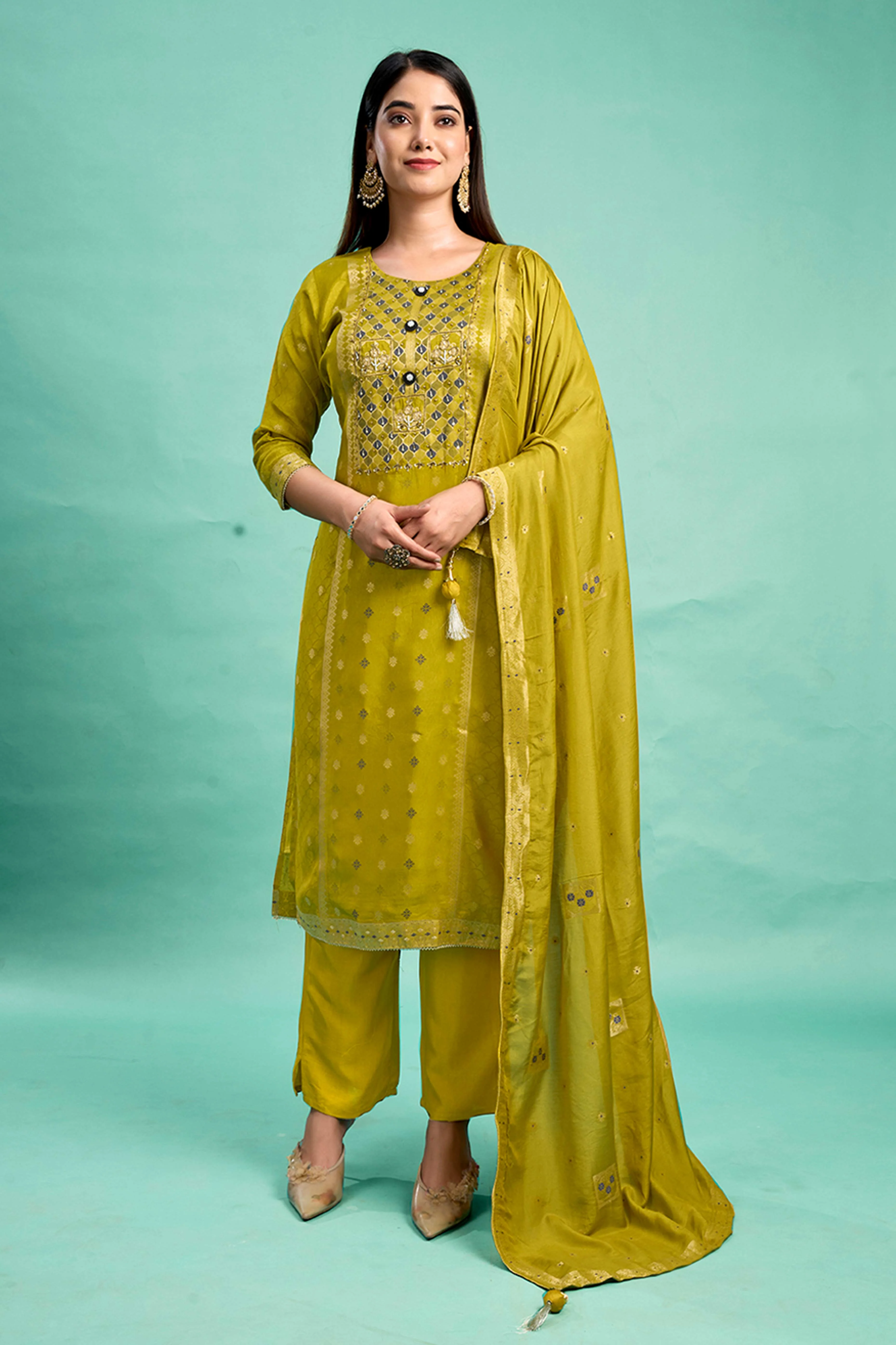 Olive Stone Work Weaving Pure Viscose Salwar Suit - Image 3