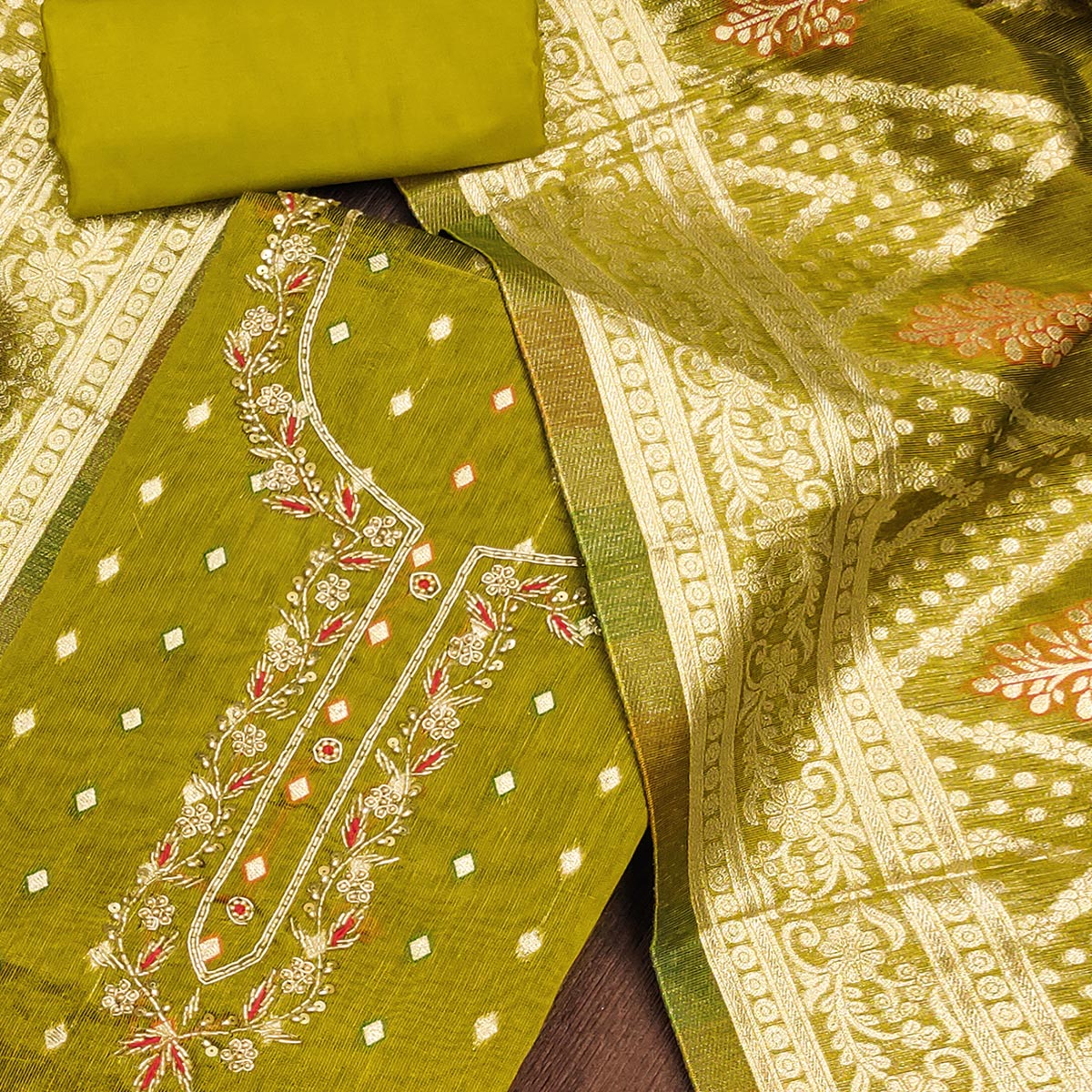 Olive Woven Jacquard Dress Material - Image 2