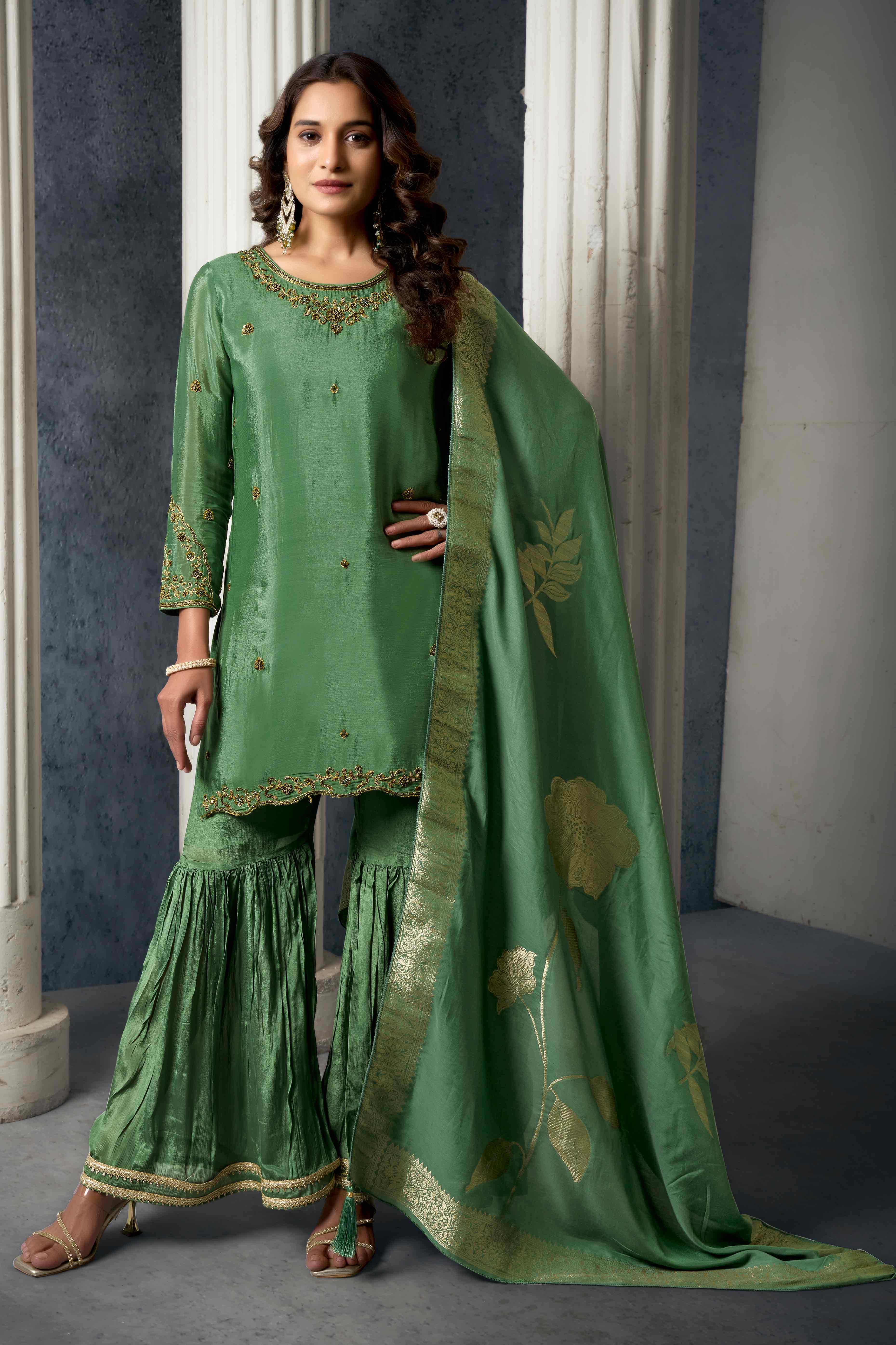 Olive Zardosi Work Embroidered Pure Chinon Sharara Suit - Image 3