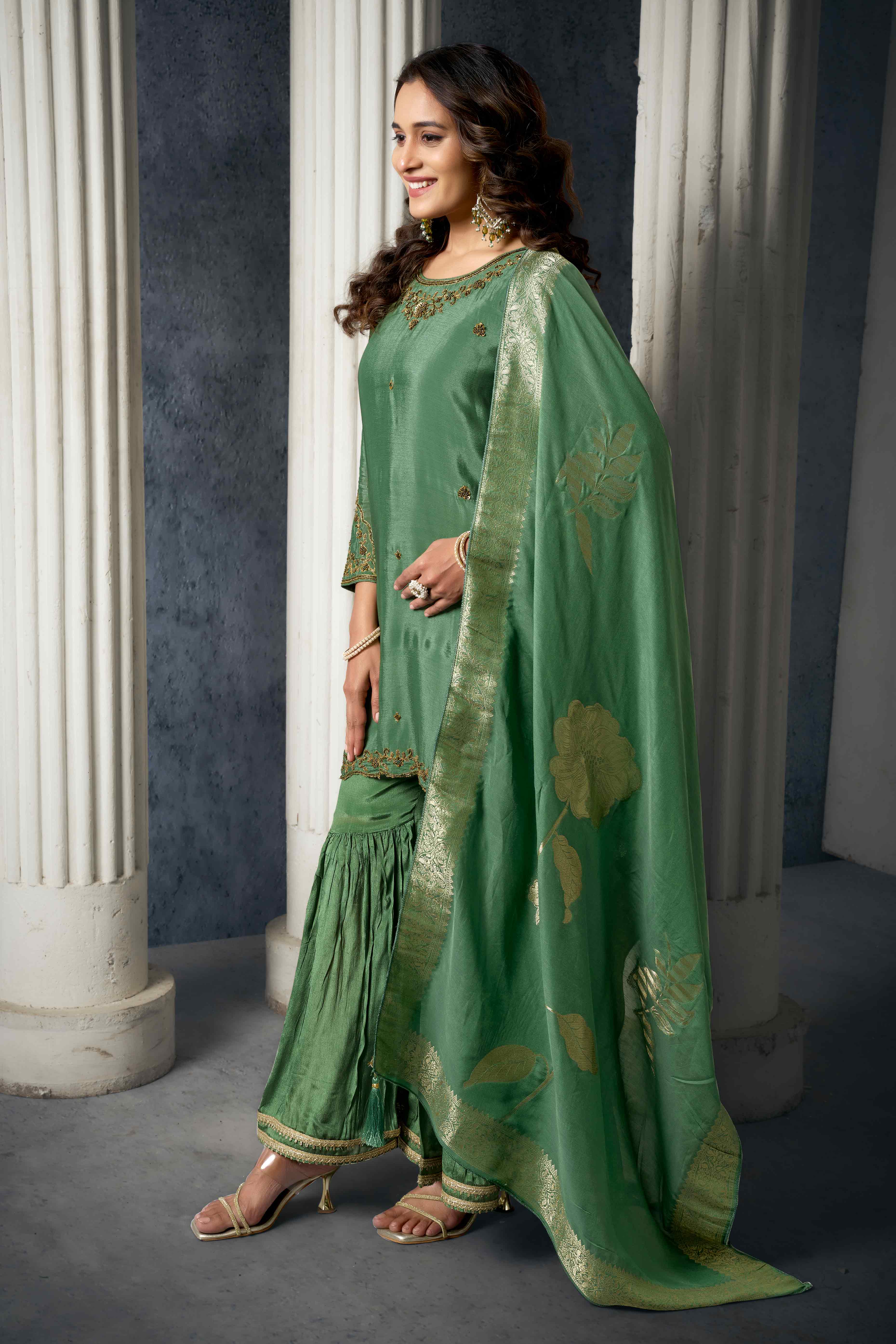 Olive Zardosi Work Embroidered Pure Chinon Sharara Suit - Image 4