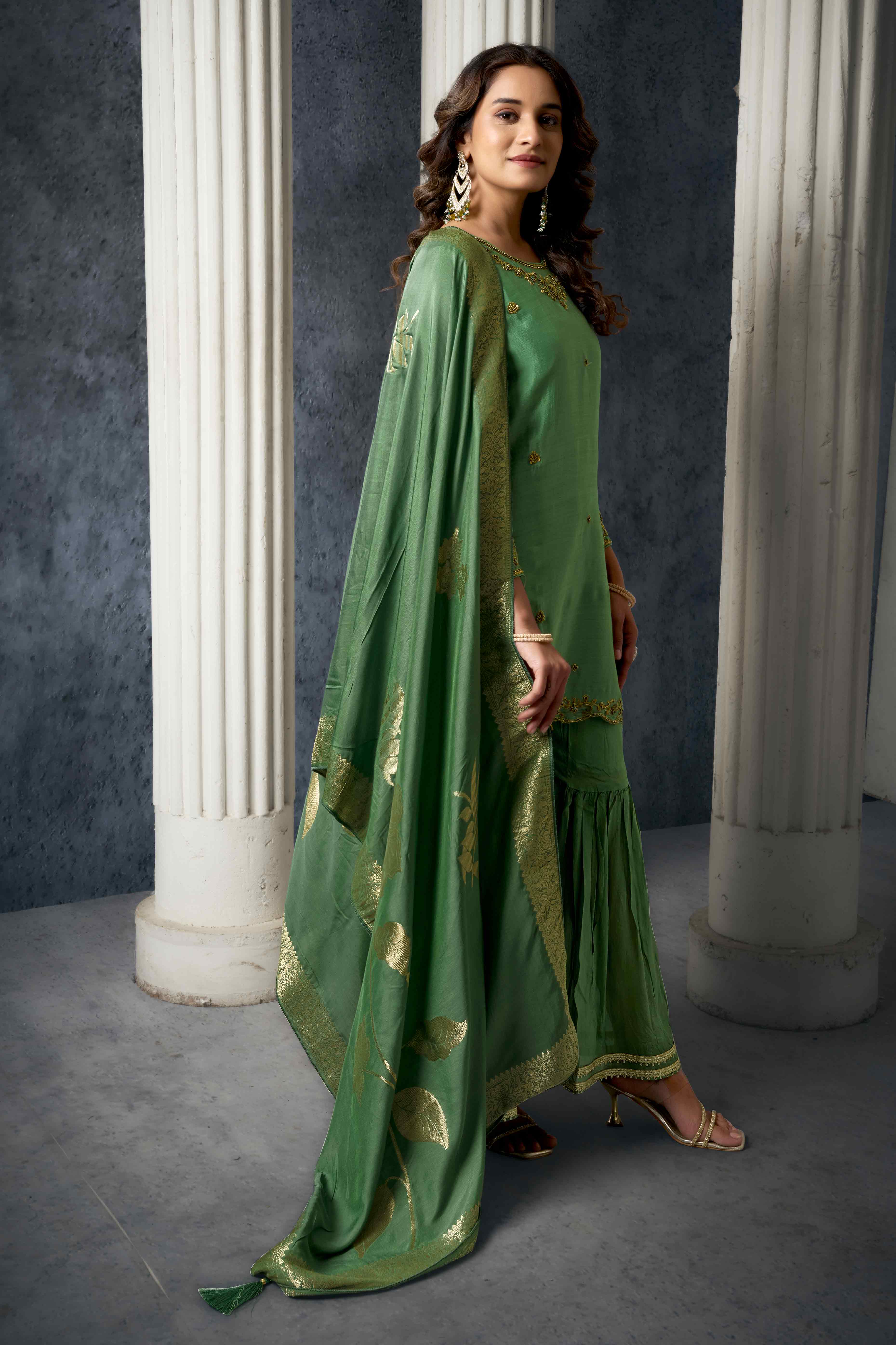 Olive Zardosi Work Embroidered Pure Chinon Sharara Suit - Image 5