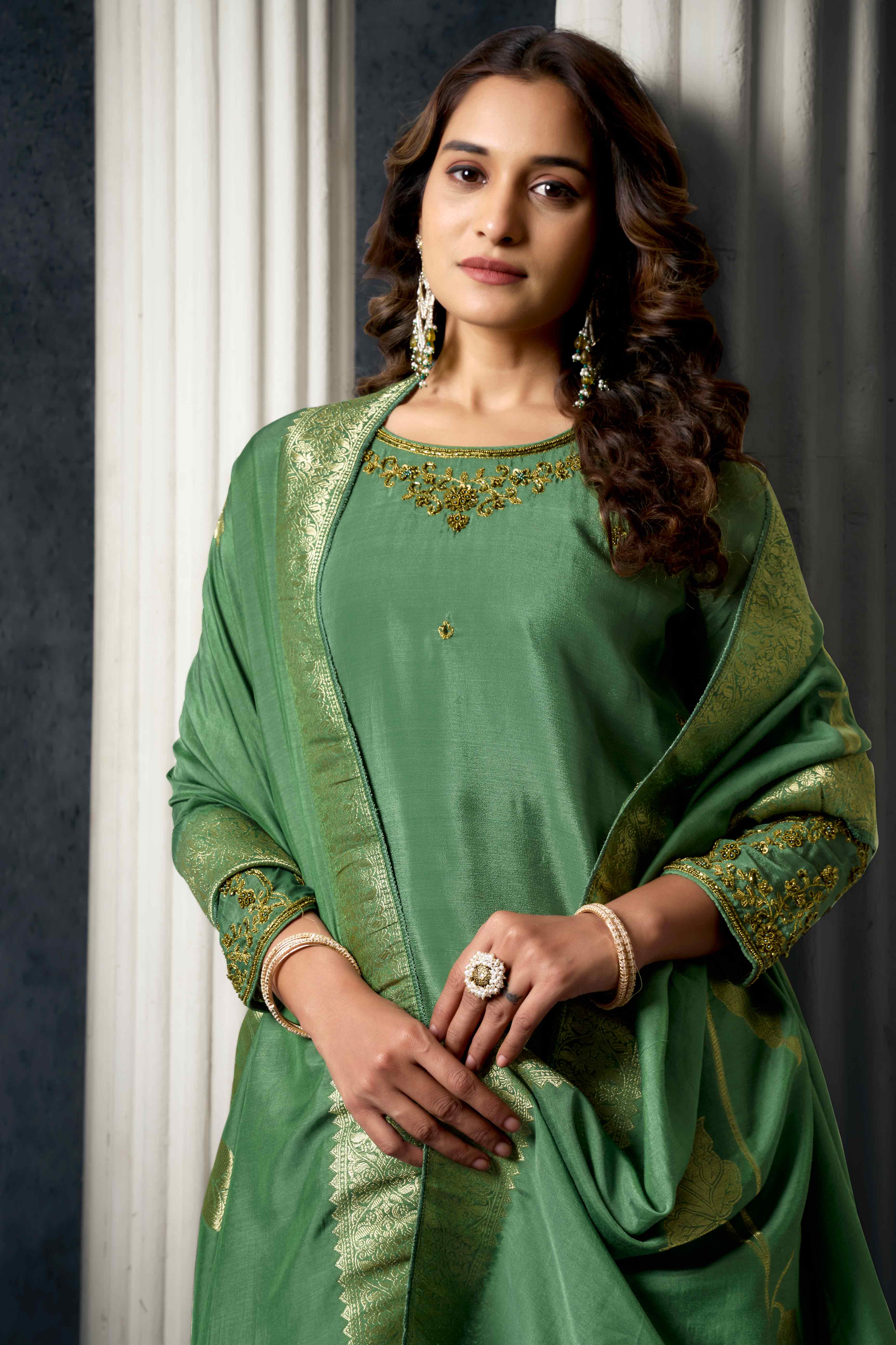 Olive Zardosi Work Embroidered Pure Chinon Sharara Suit - Image 6