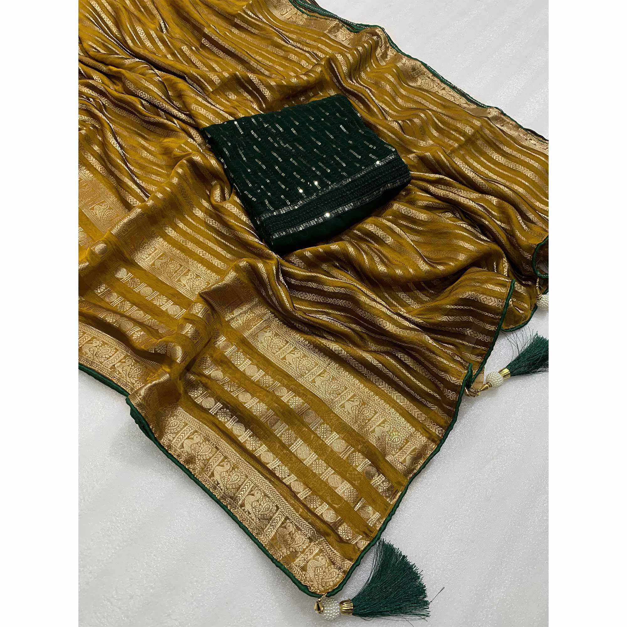 Olive Zari Work Woven Organza Saree - Image 3