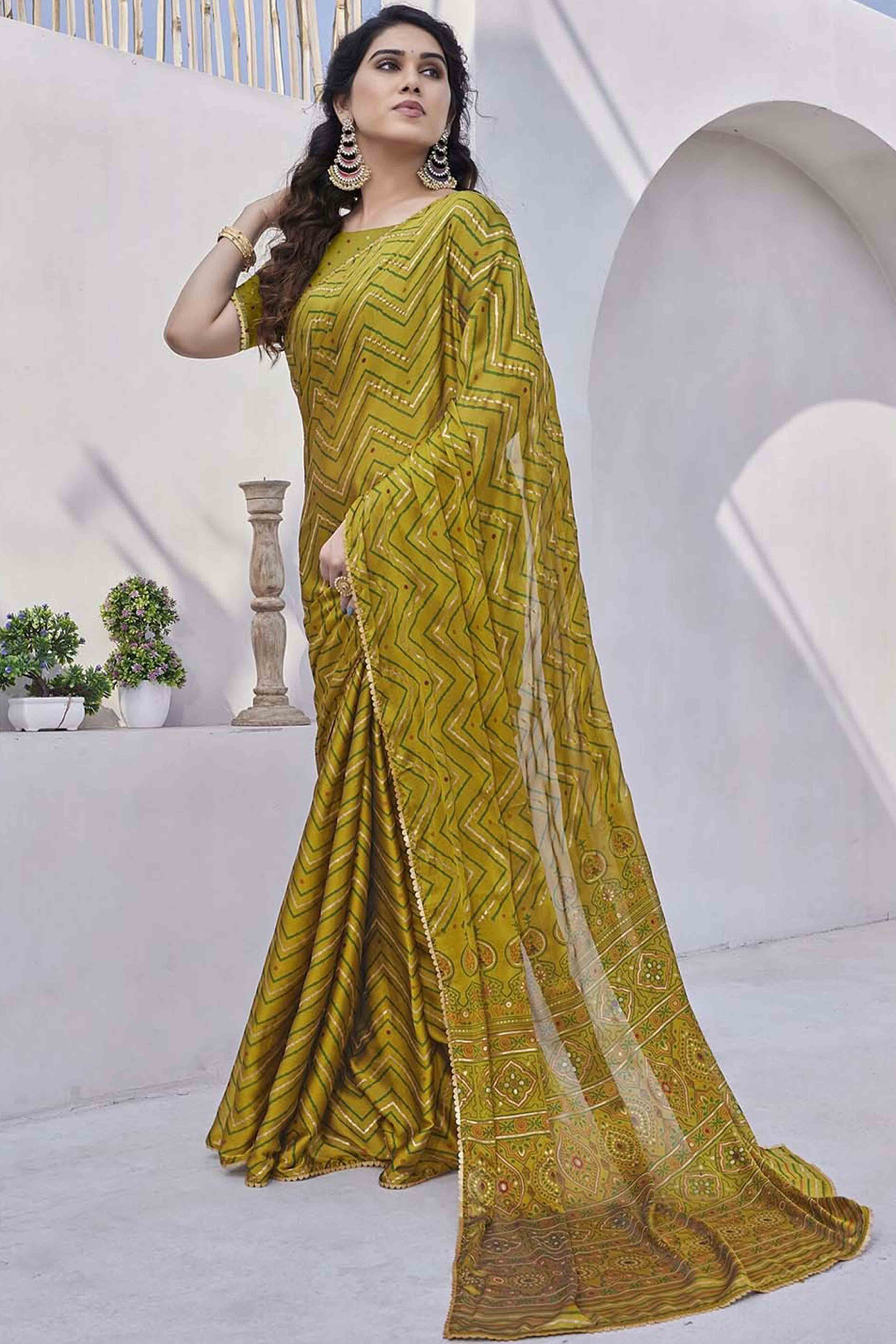 Olive Zig Zag Foil Printed Chiffon Saree - Image 3