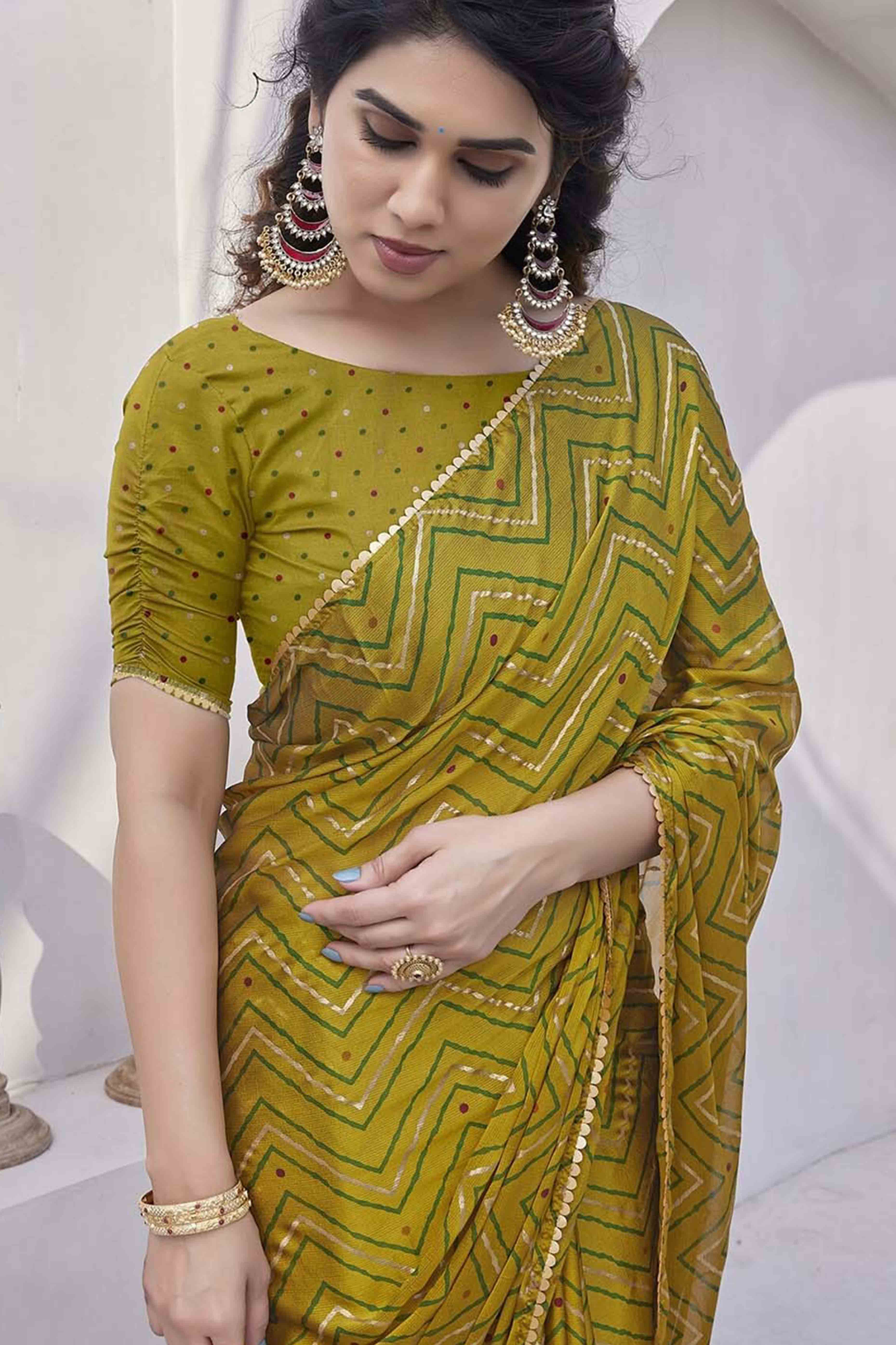 Olive Zig Zag Foil Printed Chiffon Saree - Image 4