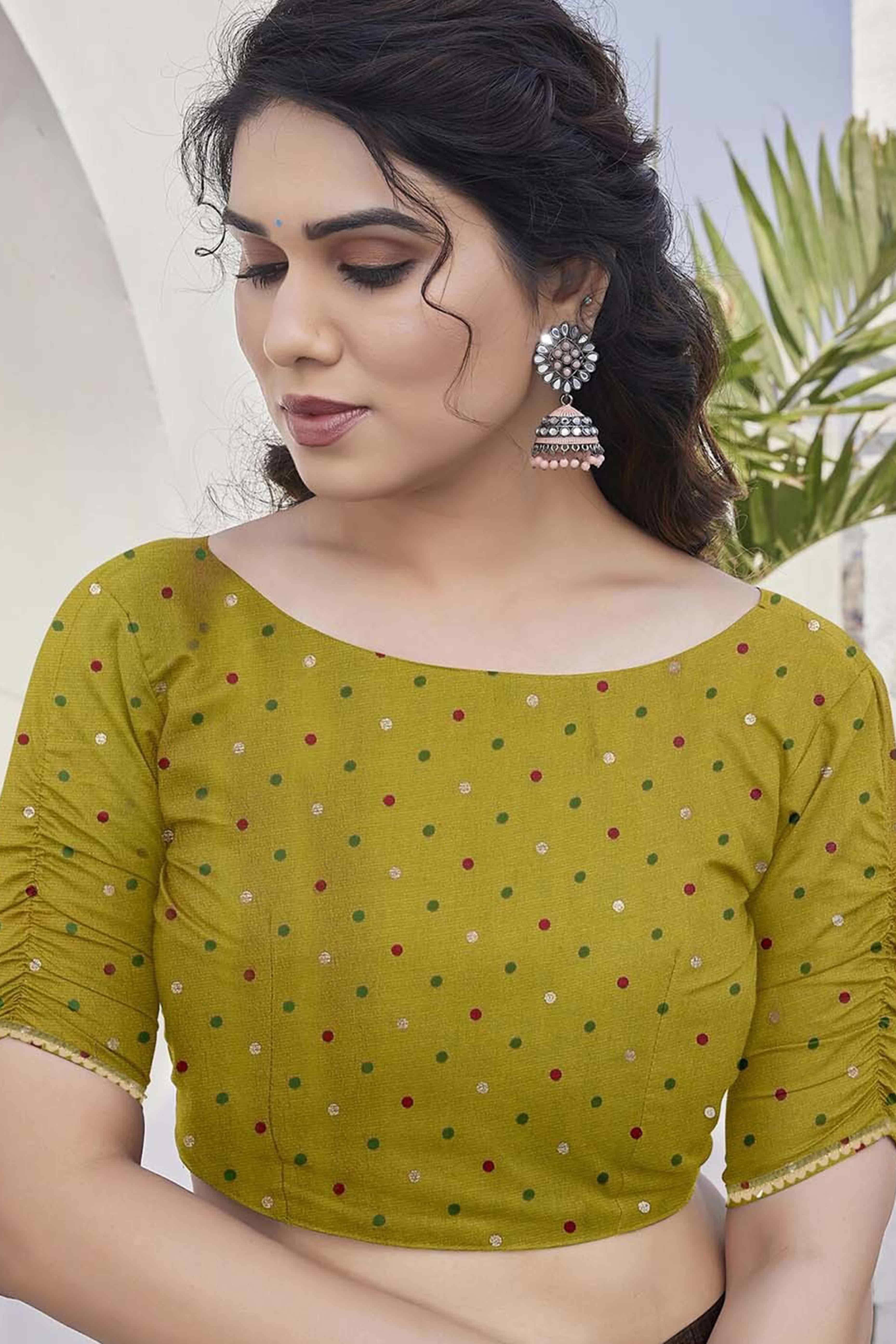 Olive Zig Zag Foil Printed Chiffon Saree - Image 5