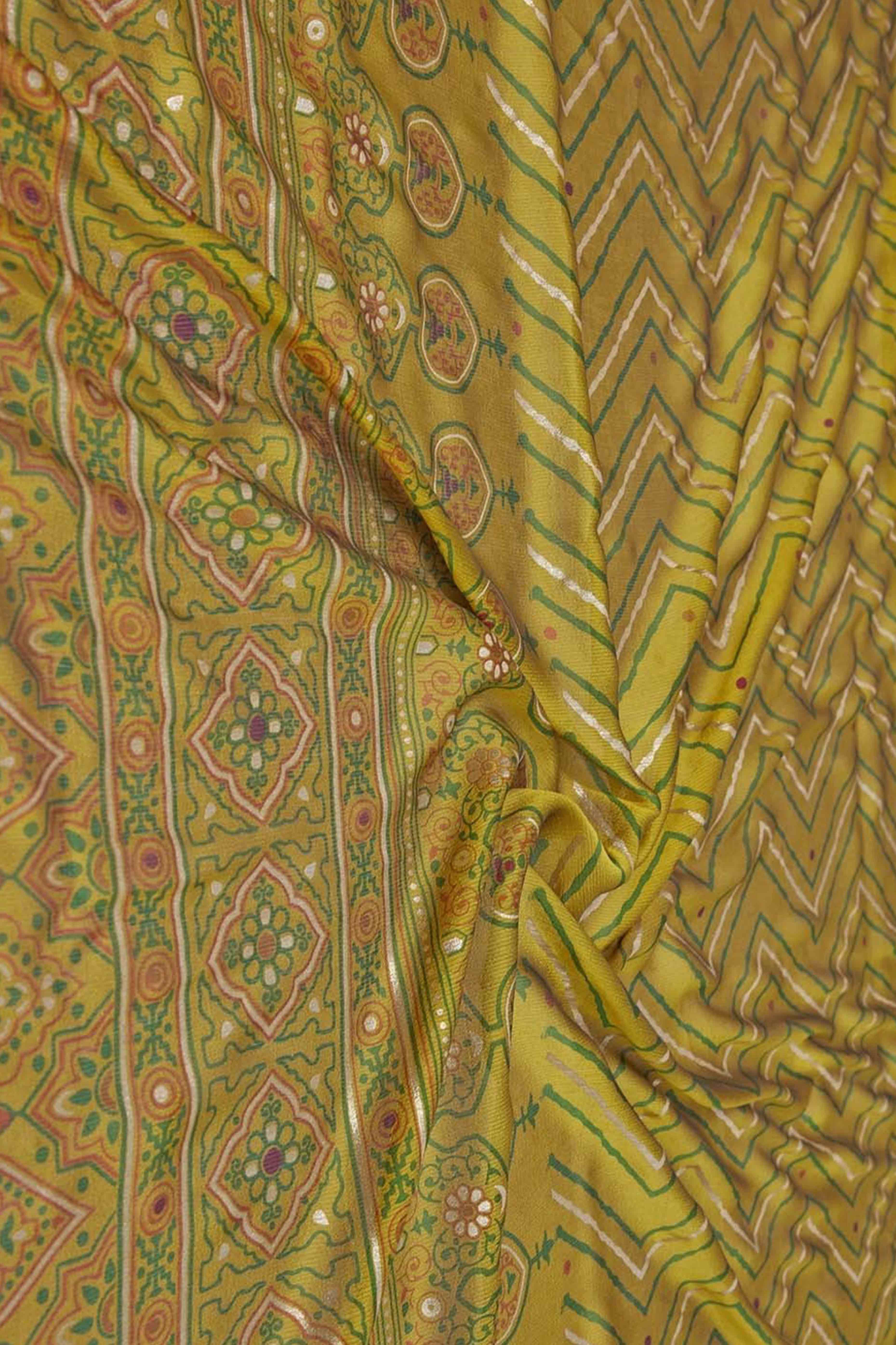 Olive Zig Zag Foil Printed Chiffon Saree - Image 6