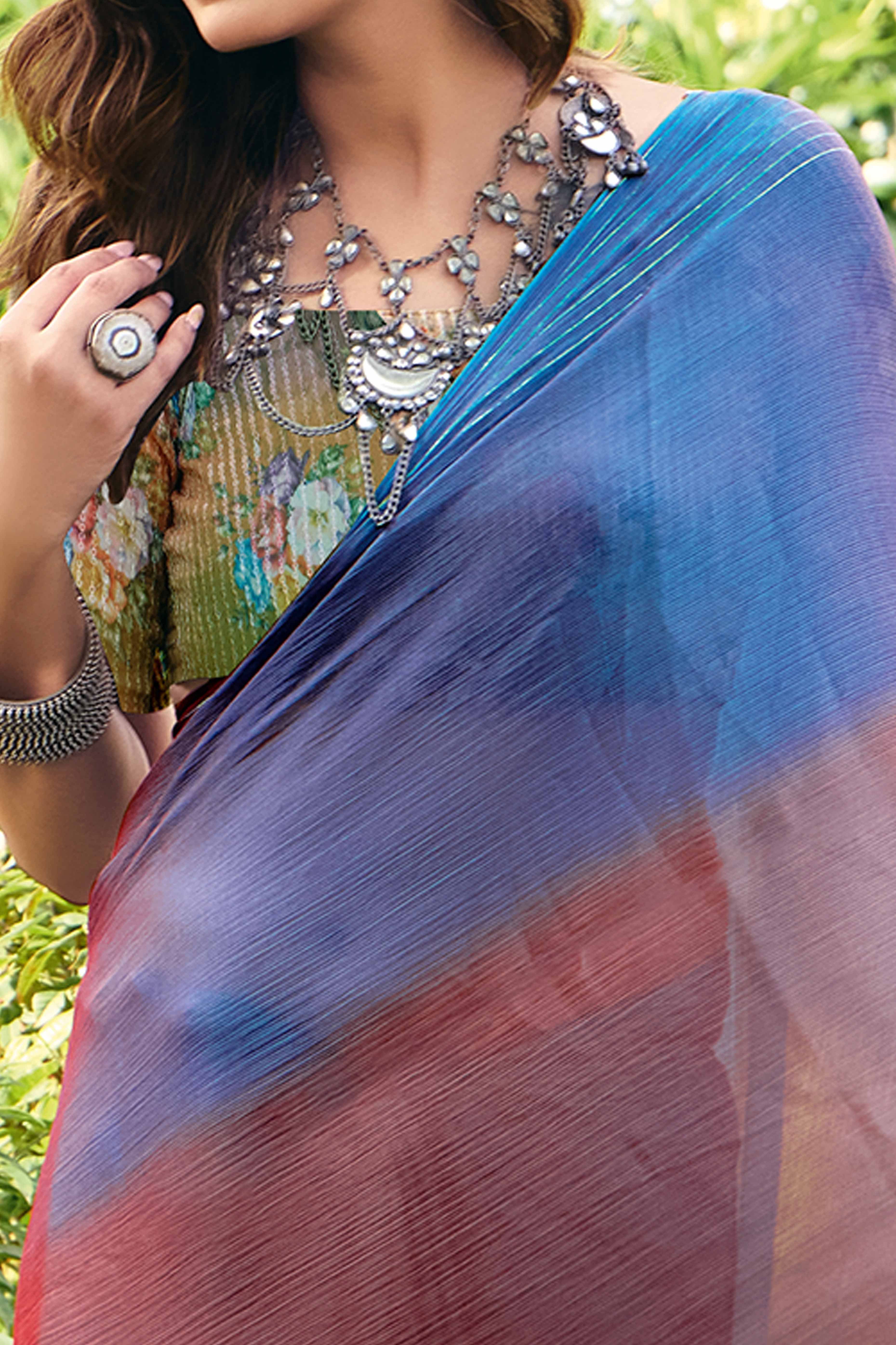 Ombre Multicolor Solid Chiffon Saree with Elegant Zari Border - Image 2