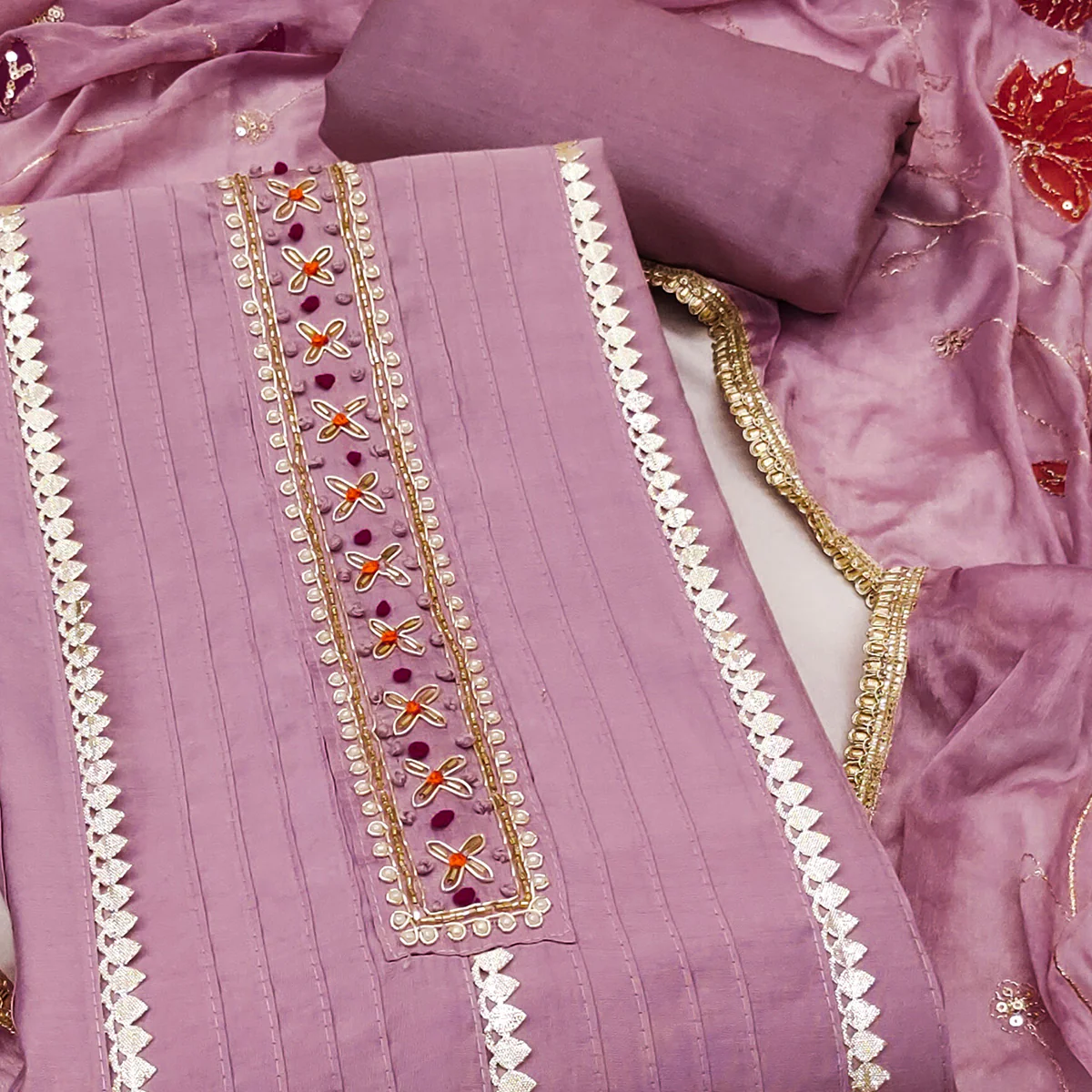 Onion Pink Cotton Silk Dress Material Embellished With Elegant Moti Handwork & Gota Patti Lace - Image 2