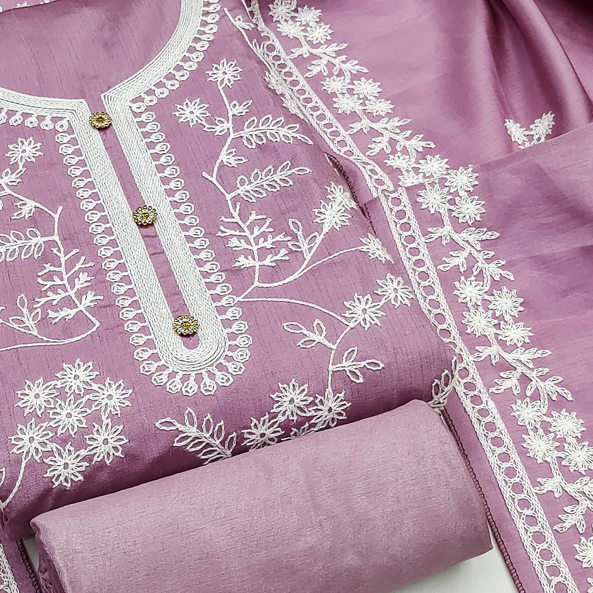 Onion Pink Floral Embroidered Art Silk Dress Material - Image 2