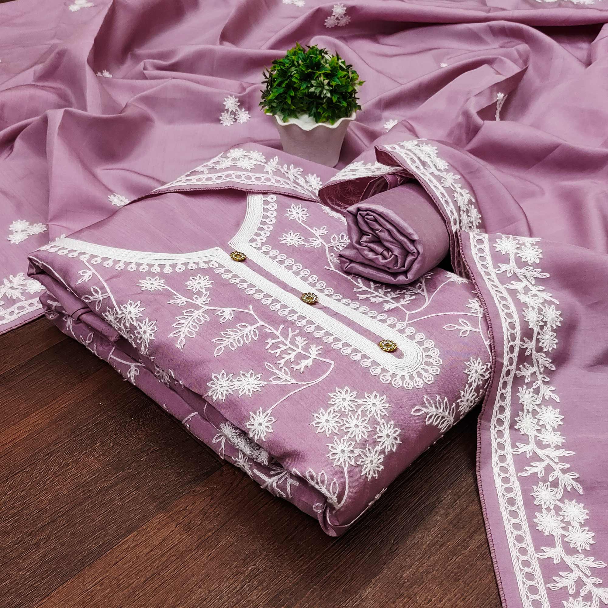 Onion Pink Floral Embroidered Art Silk Dress Material - Image 3