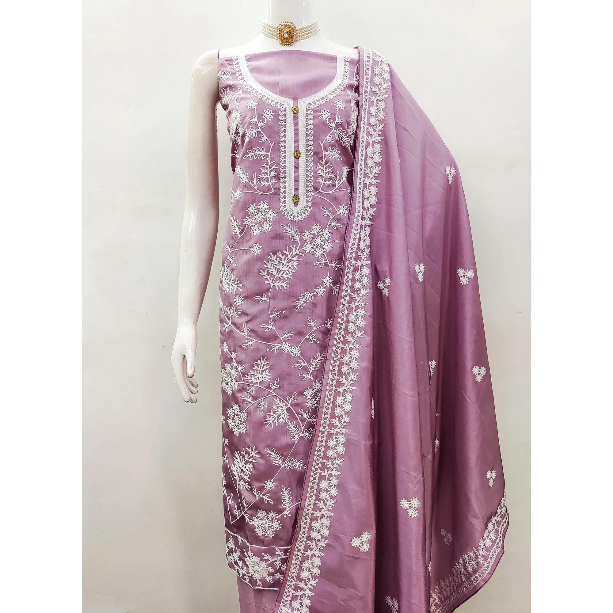 Onion Pink Floral Embroidered Art Silk Dress Material - Image 4