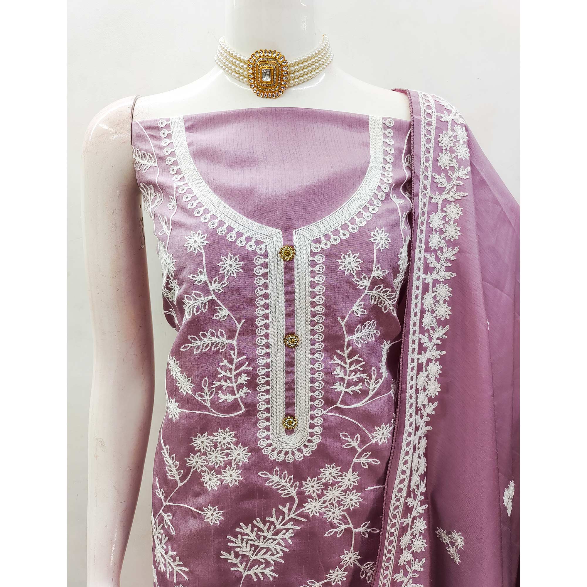 Onion Pink Floral Embroidered Art Silk Dress Material - Image 5