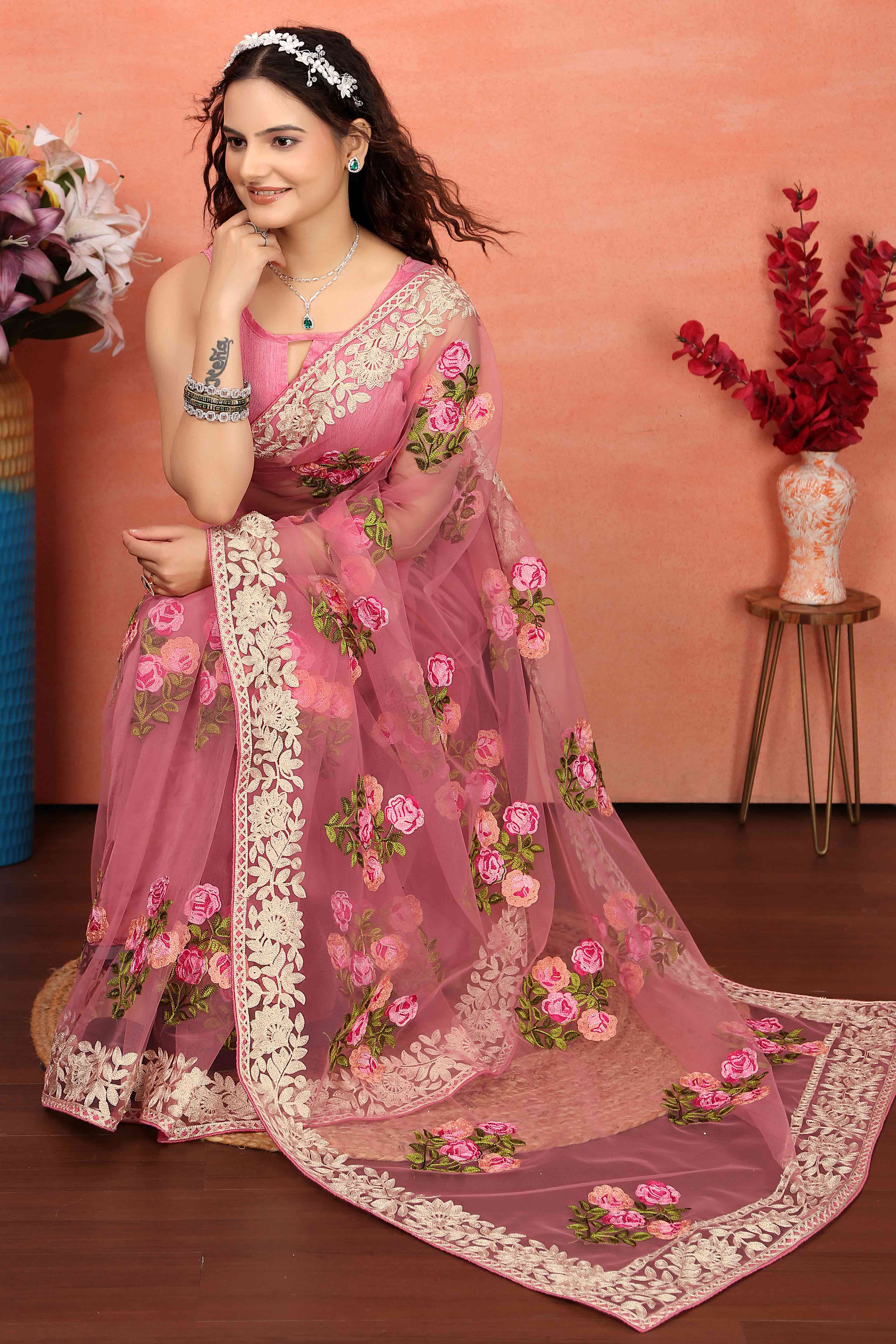 Onion Pink Floral Embroidered Net Saree - Image 4