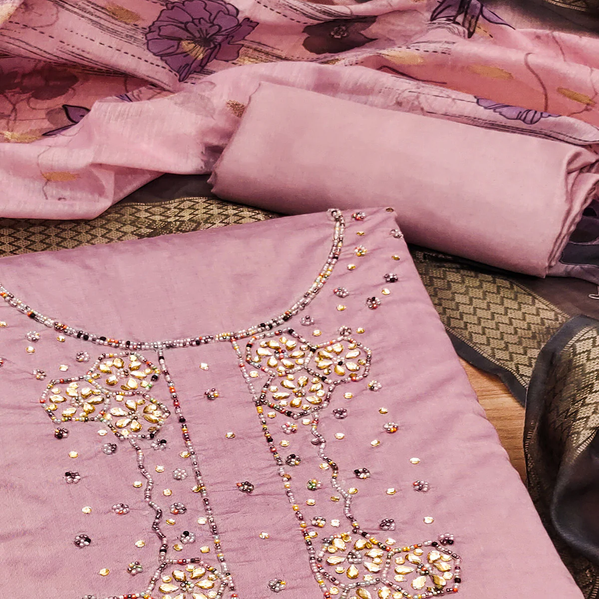 Onion Pink Floral Handwork Cotton Silk Dress Material - Image 2