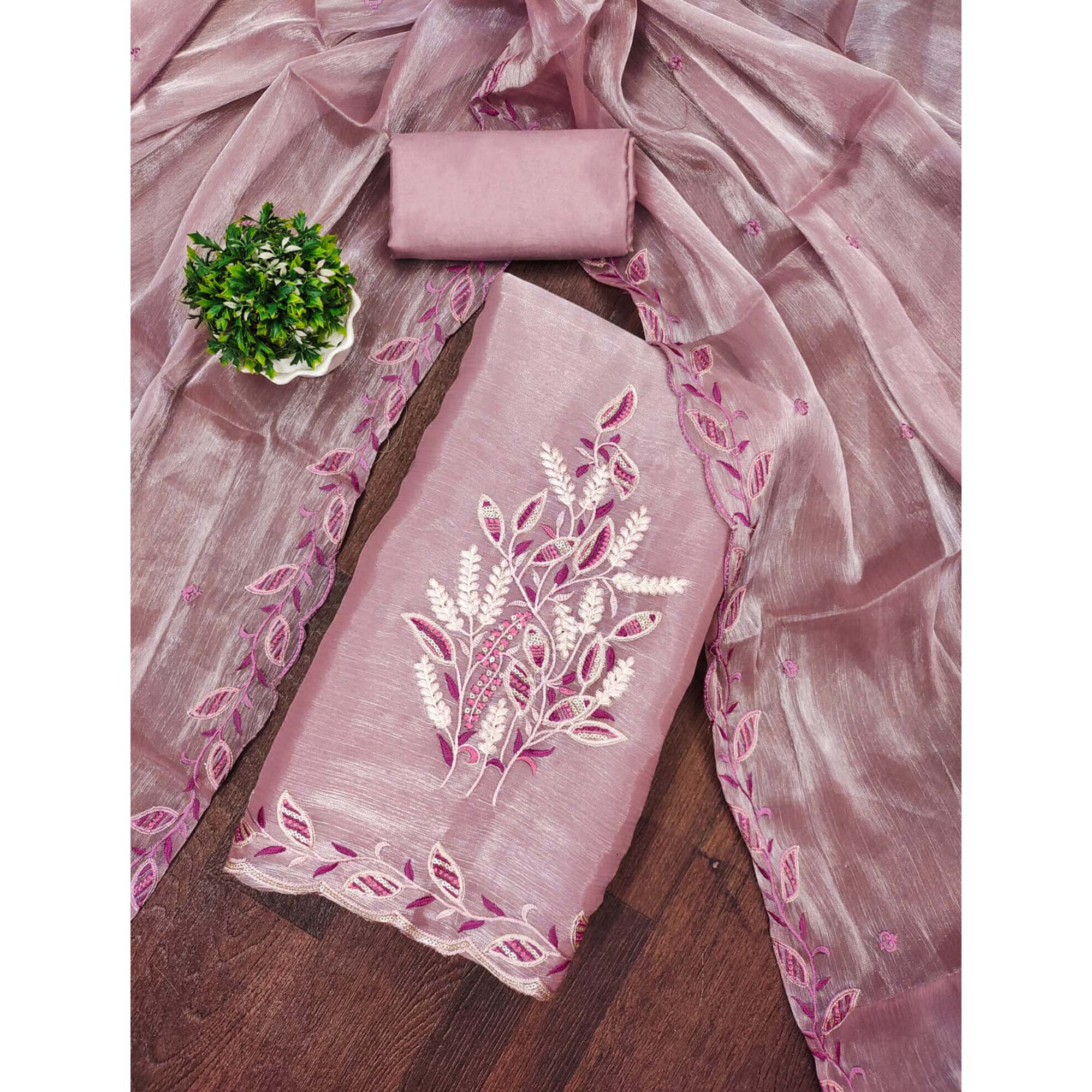 Onion Pink Floral Sequins Embroidered Burberry Zoya Silk Dress Material - Image 3