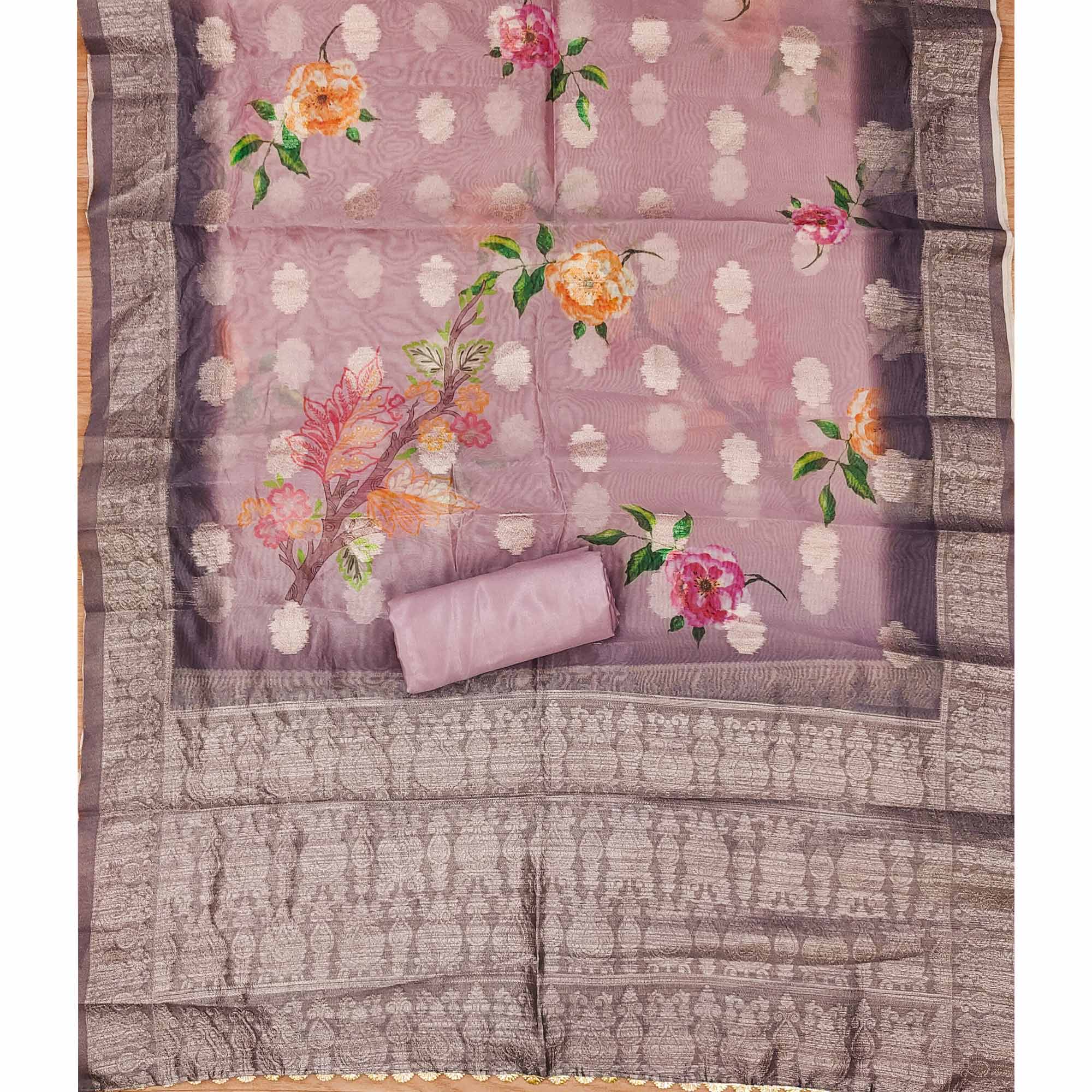 Onion Pink Floral Sequins Embroidered Cotton Roman Silk Dress Material - Image 5