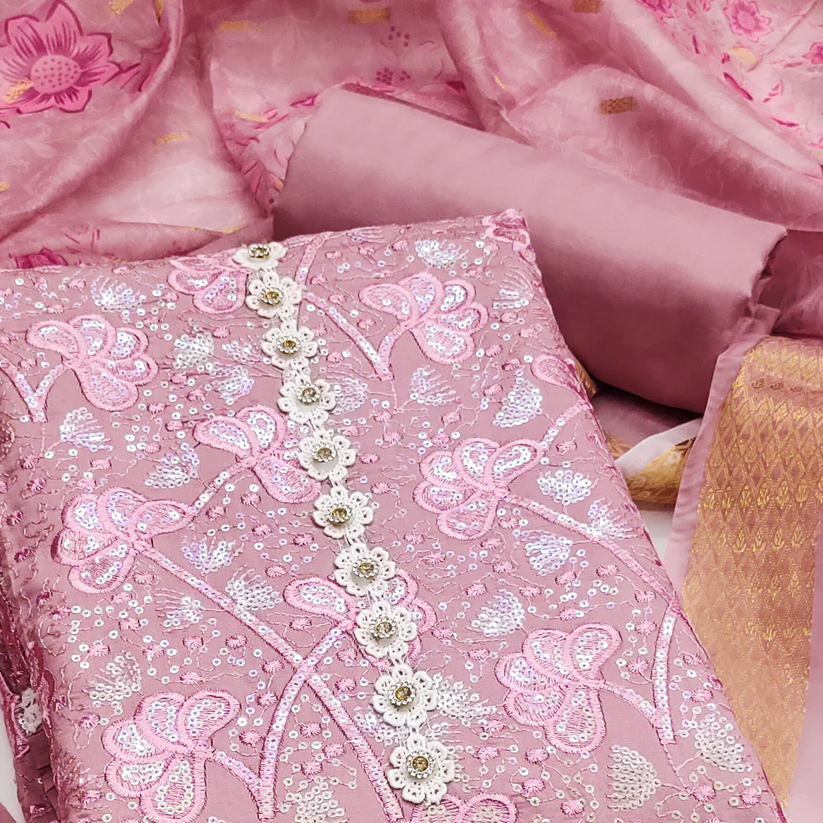 Onion Pink Floral Sequins Embroidery Cotton Roman Silk Dress Material - Image 2
