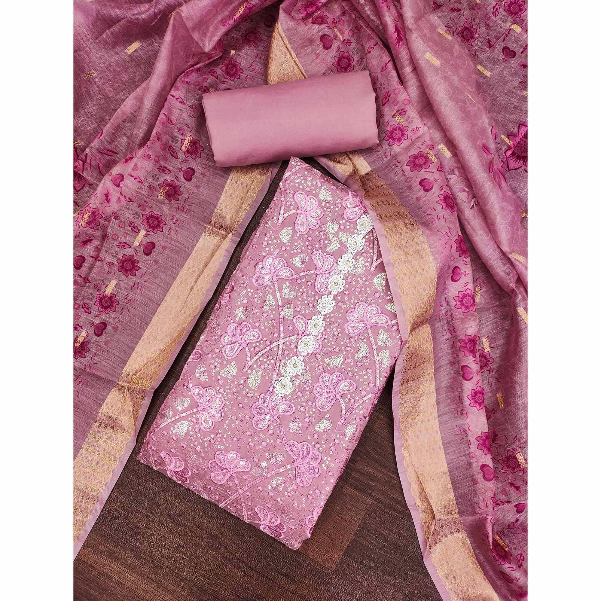 Onion Pink Floral Sequins Embroidery Cotton Roman Silk Dress Material - Image 3
