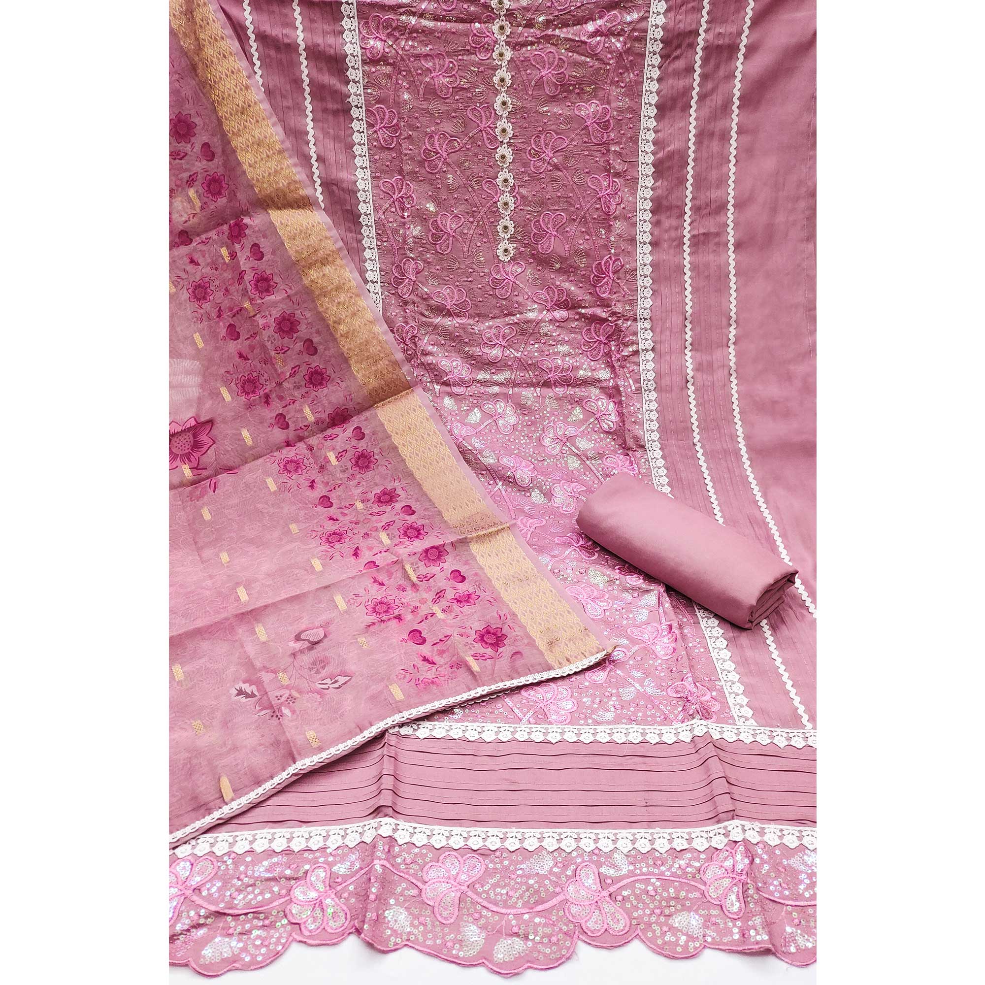 Onion Pink Floral Sequins Embroidery Cotton Roman Silk Dress Material - Image 4