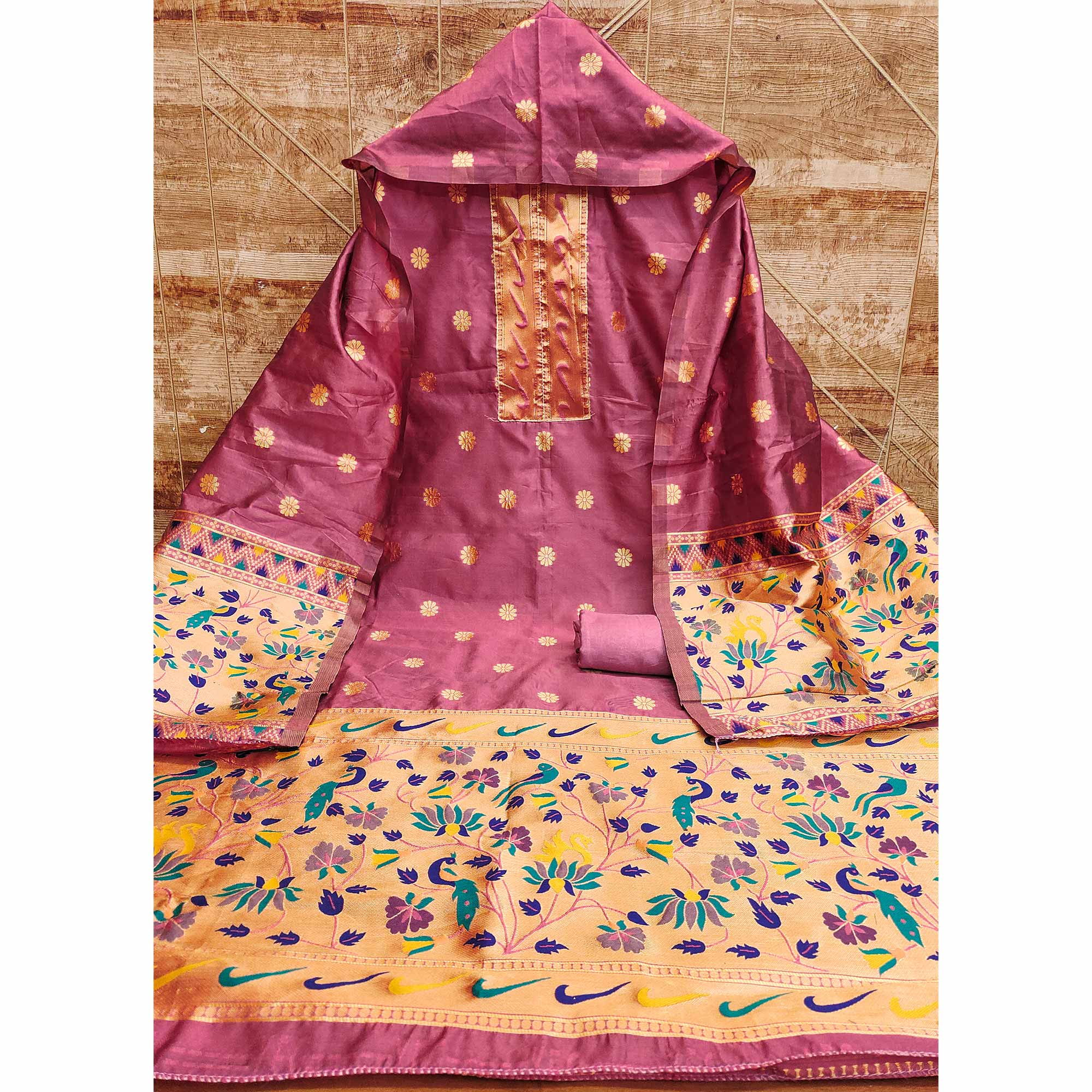 Onion Pink Floral Woven Paithani Banarasi Silk Dress Material - Image 3