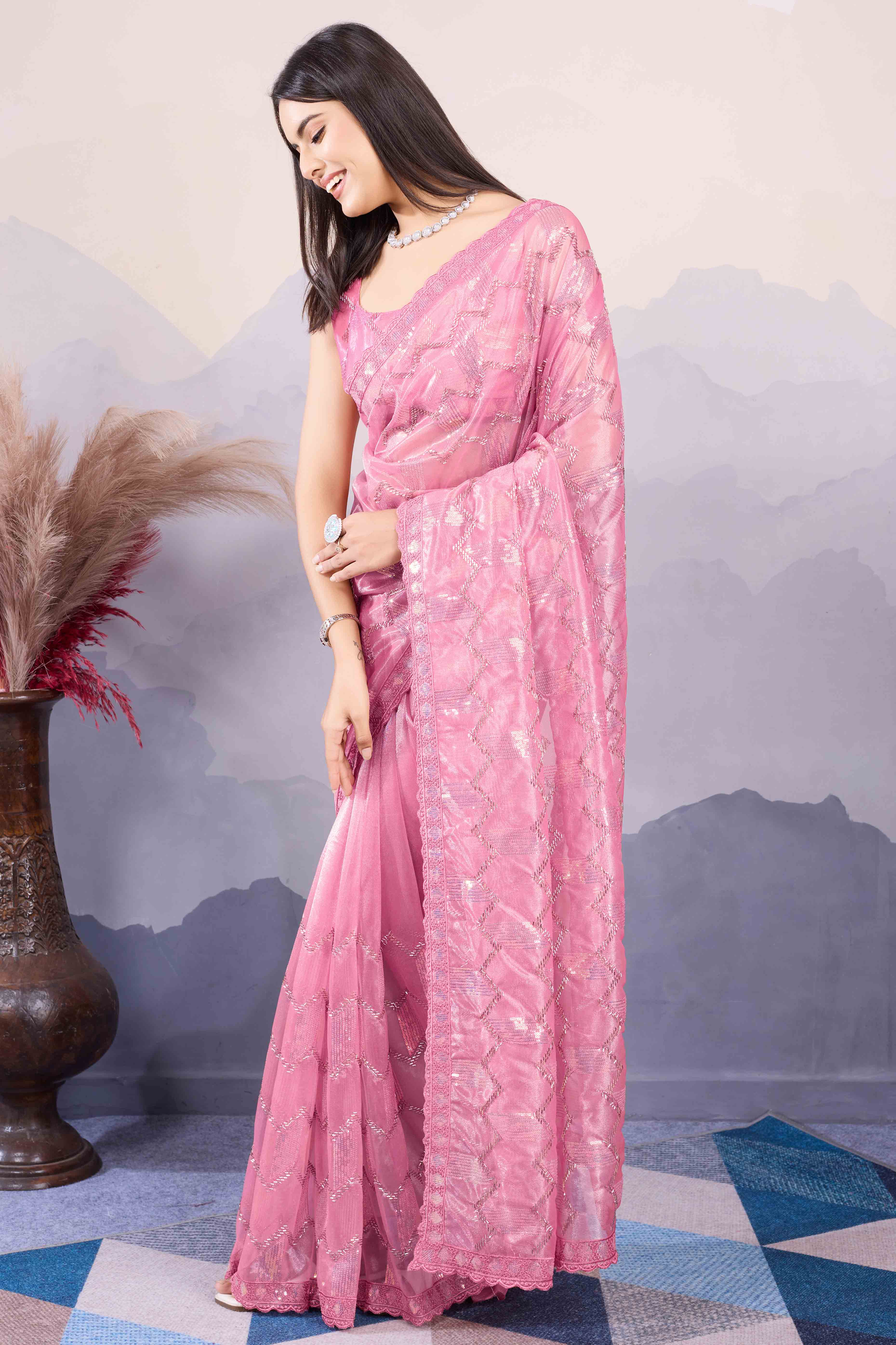 Onion Pink Sequins Embroidered Twill Net Saree - Image 4