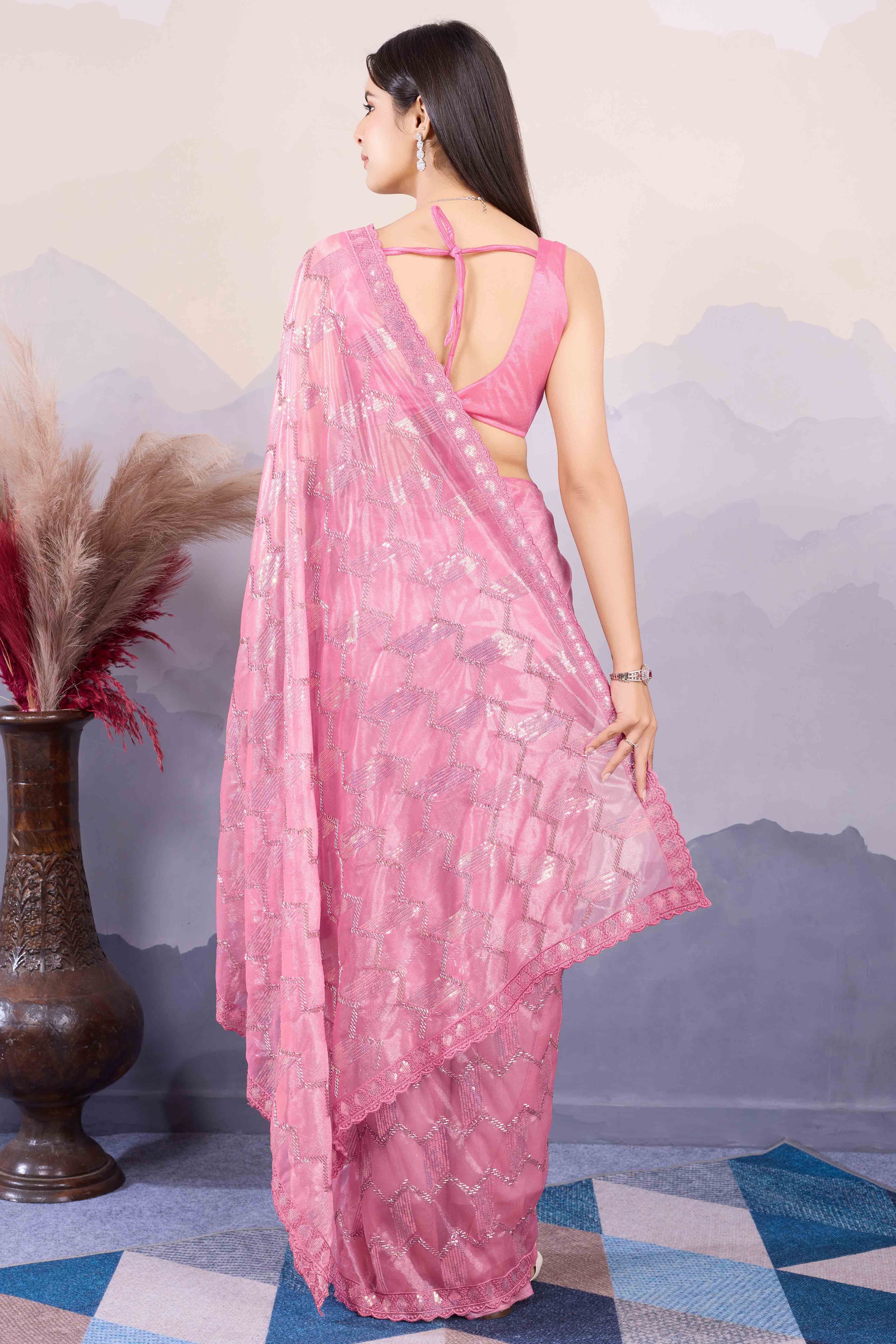 Onion Pink Sequins Embroidered Twill Net Saree - Image 5