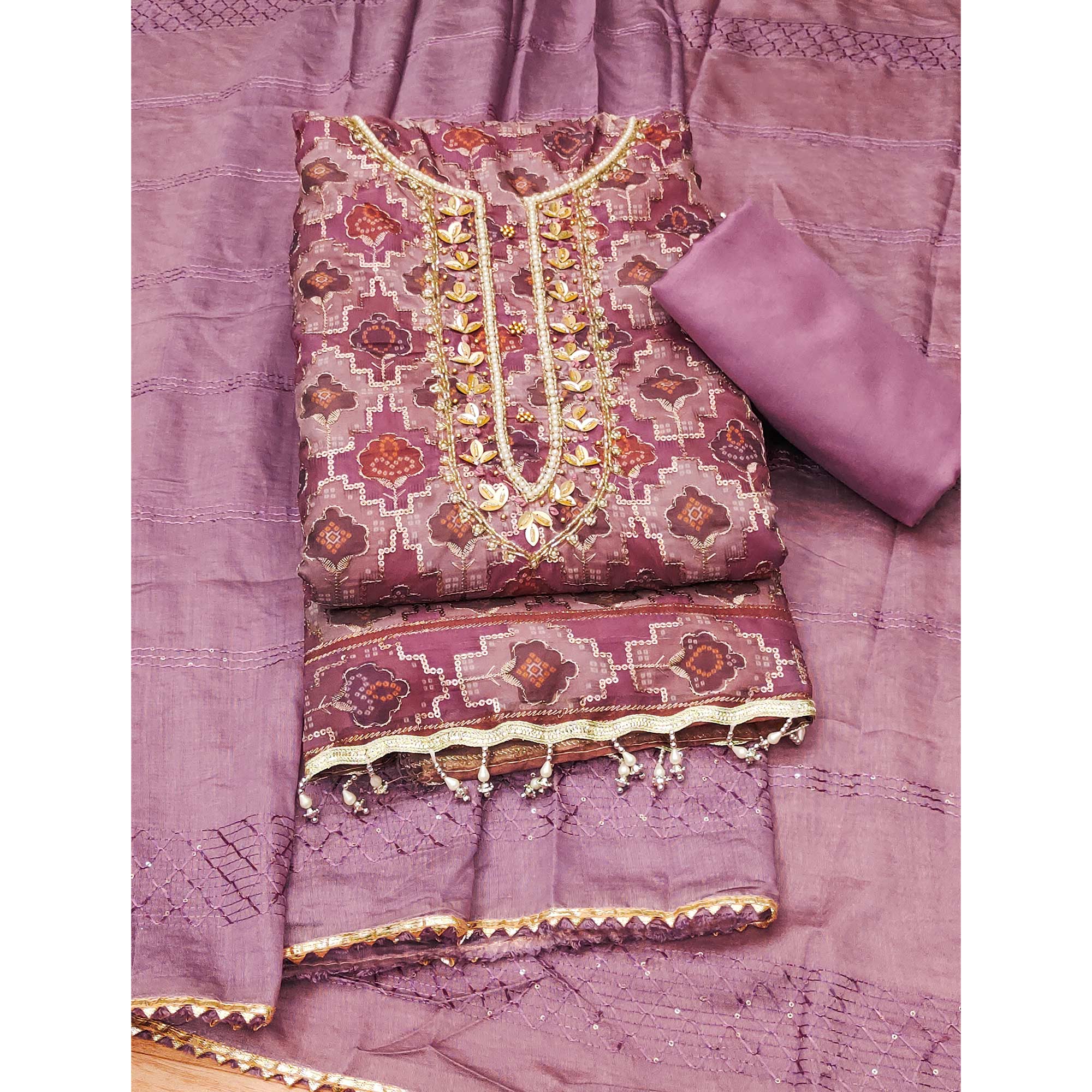 Onion Pink Sequins Embroidered With Printed Organza Dress Material - Image 3