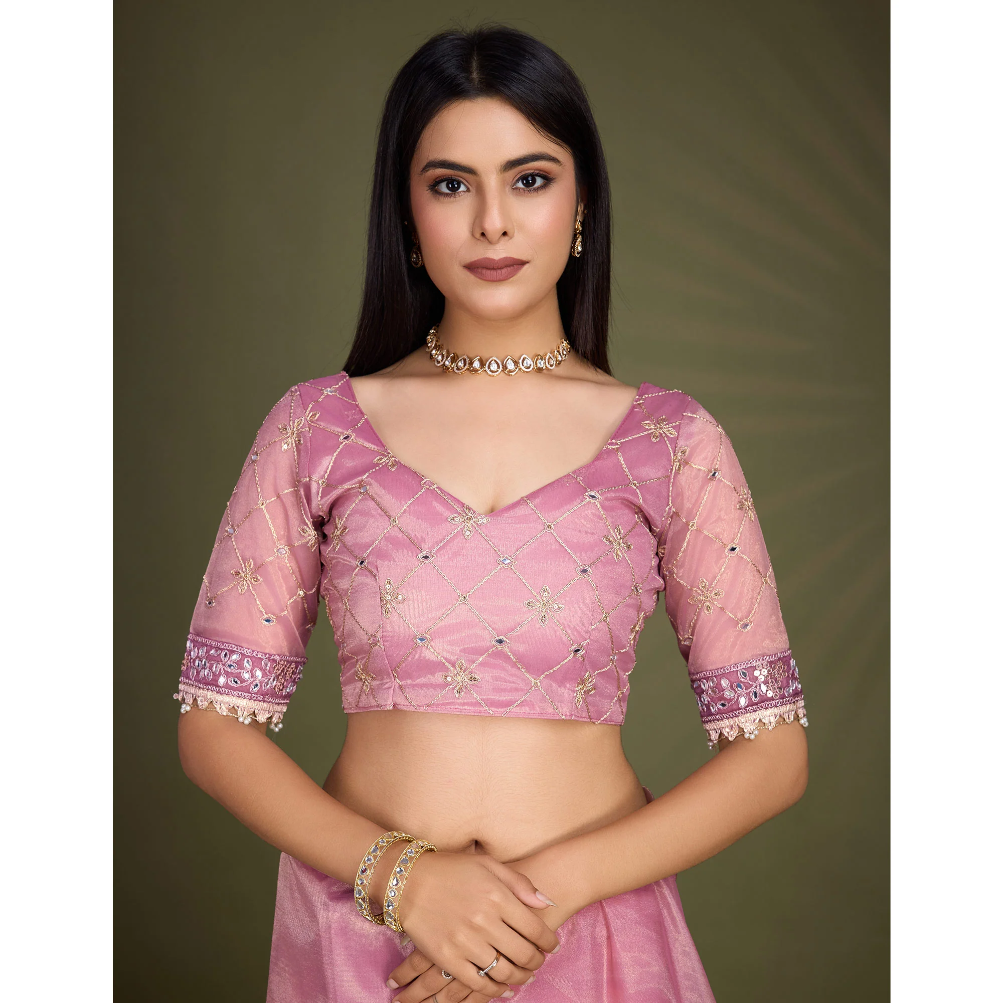 Onion Pink Sequins Embroidery With Mirror Handwork Twill Net Saree - Image 10