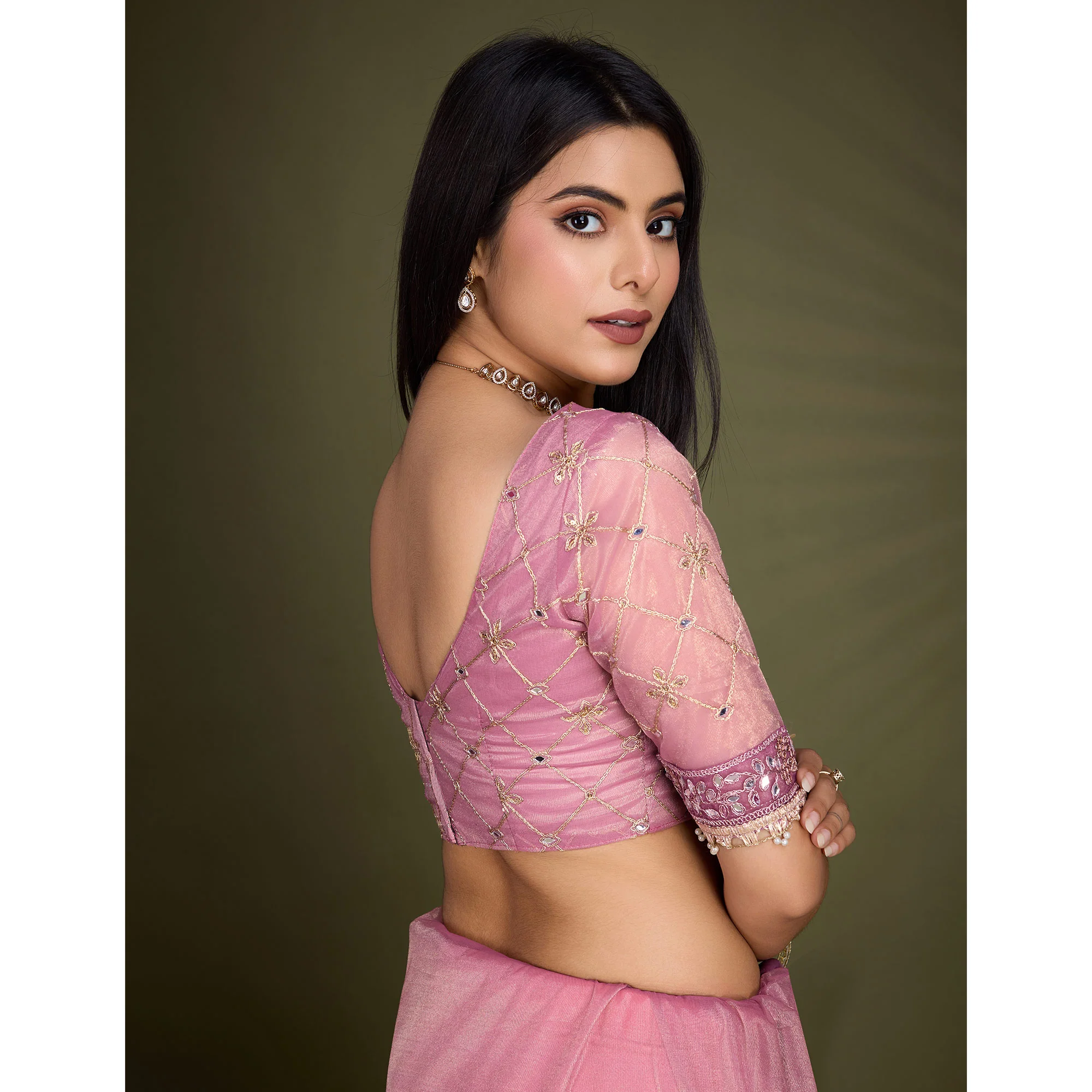Onion Pink Sequins Embroidery With Mirror Handwork Twill Net Saree - Image 11