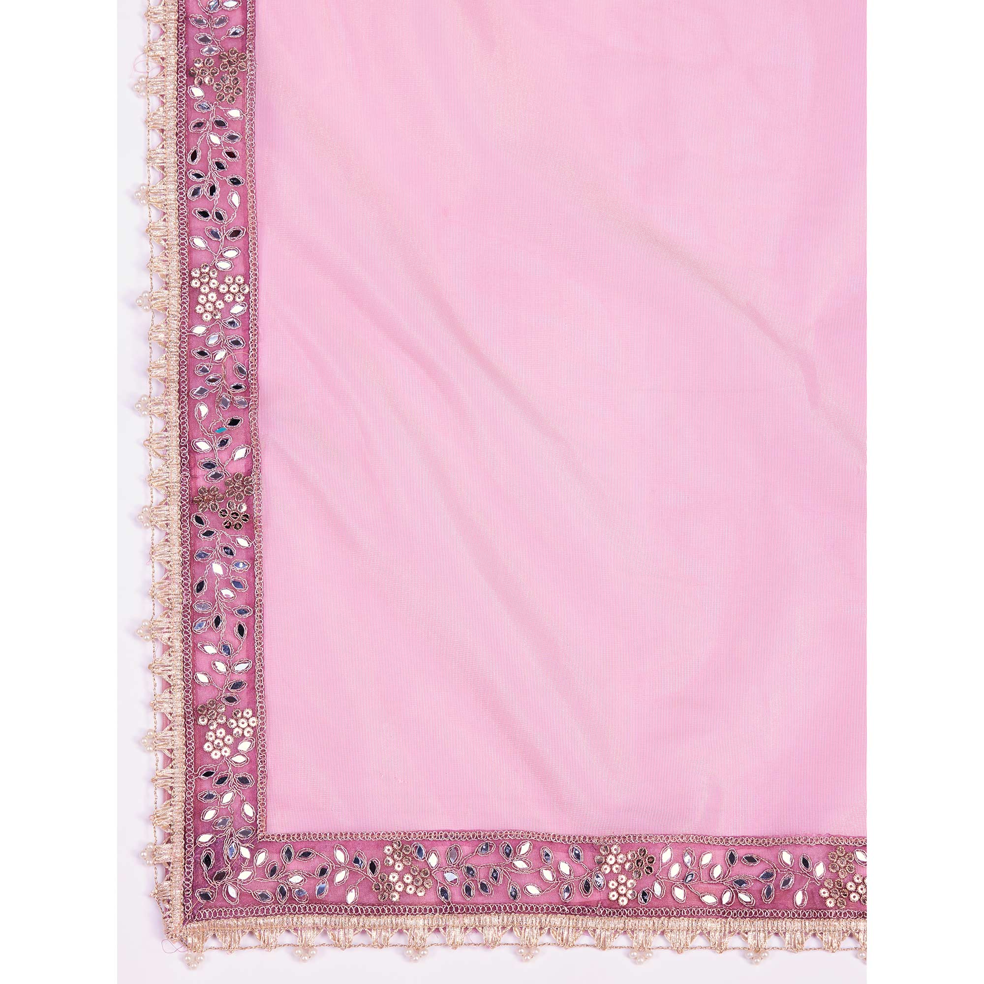 Onion Pink Sequins Embroidery With Mirror Handwork Twill Net Saree - Image 12