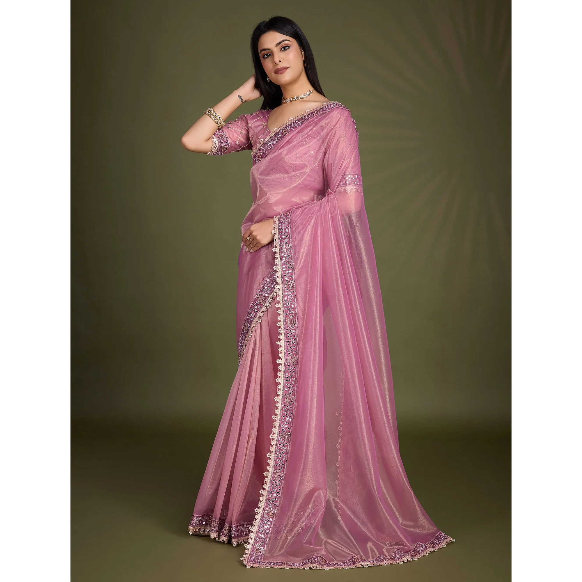 Onion Pink Sequins Embroidery With Mirror Handwork Twill Net Saree - Image 4