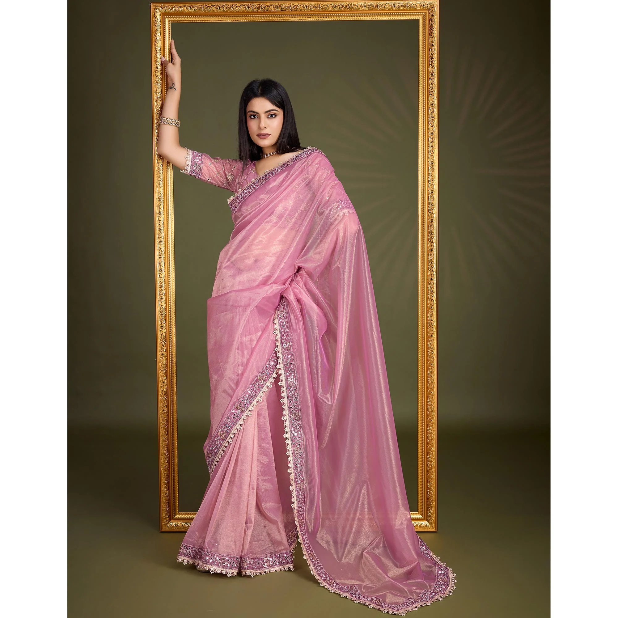 Onion Pink Sequins Embroidery With Mirror Handwork Twill Net Saree - Image 5