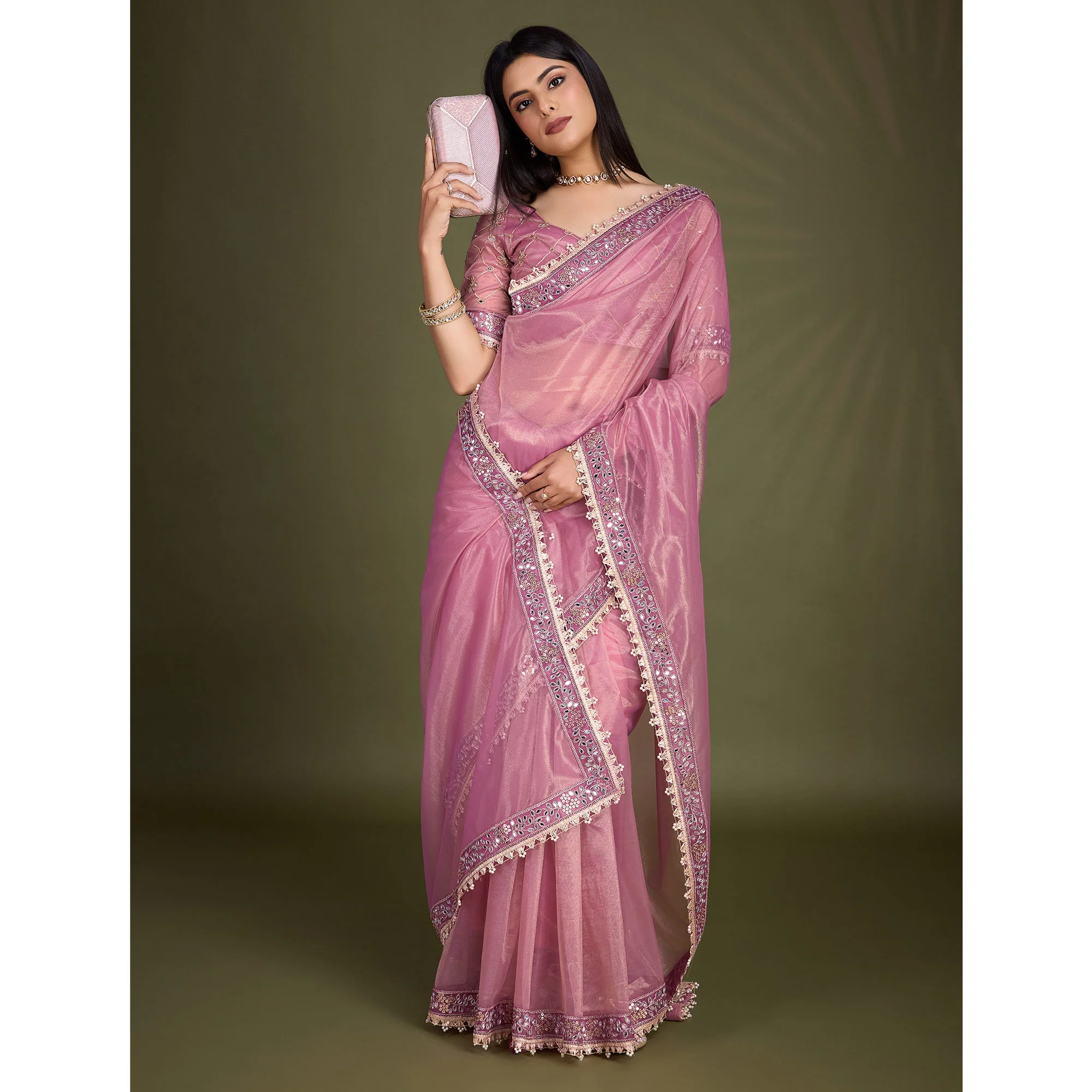 Onion Pink Sequins Embroidery With Mirror Handwork Twill Net Saree - Image 6