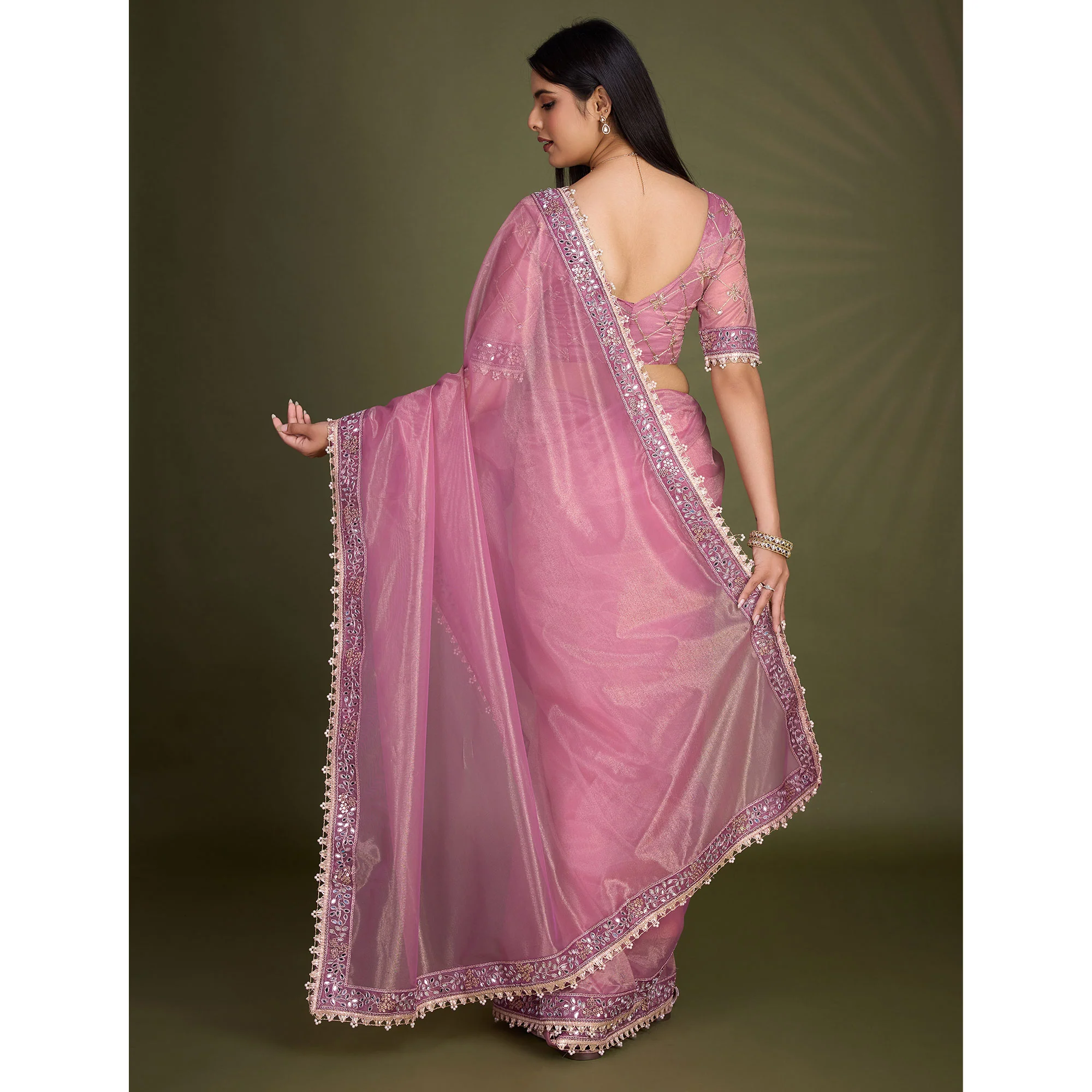 Onion Pink Sequins Embroidery With Mirror Handwork Twill Net Saree - Image 7