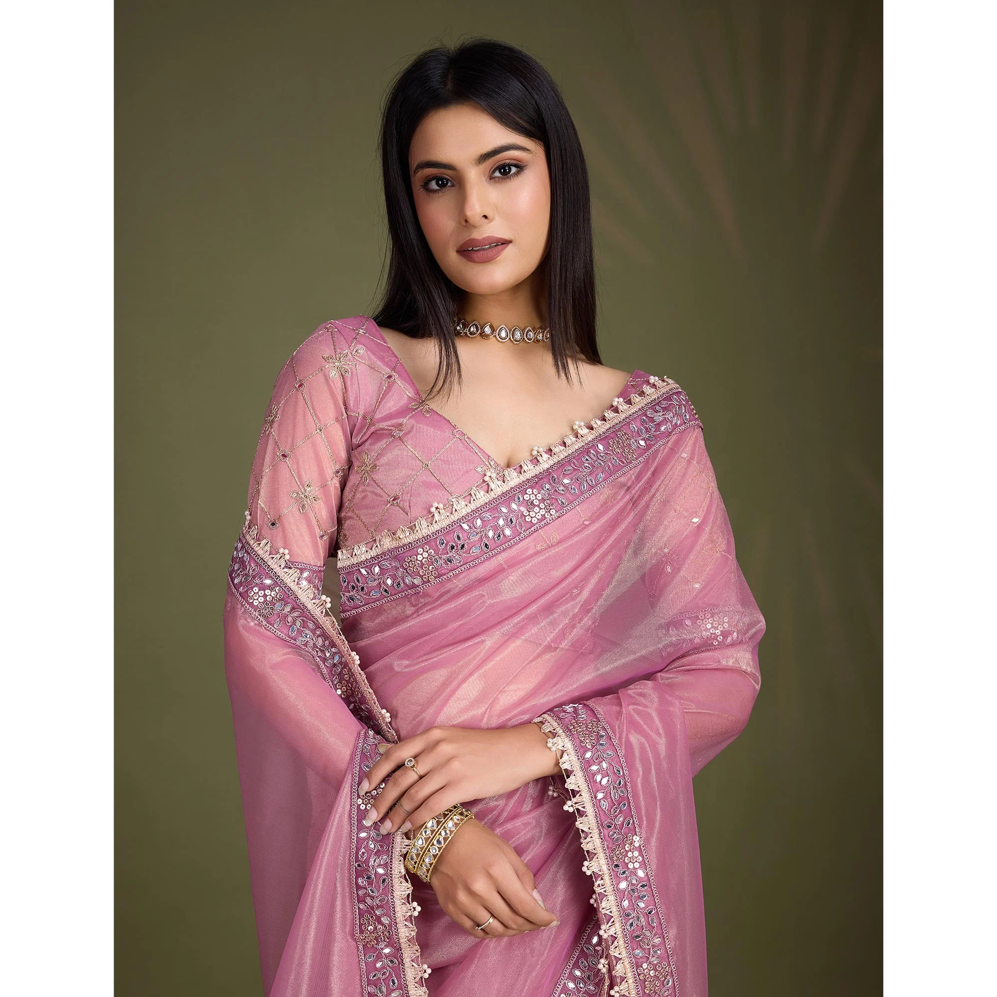 Onion Pink Sequins Embroidery With Mirror Handwork Twill Net Saree - Image 8
