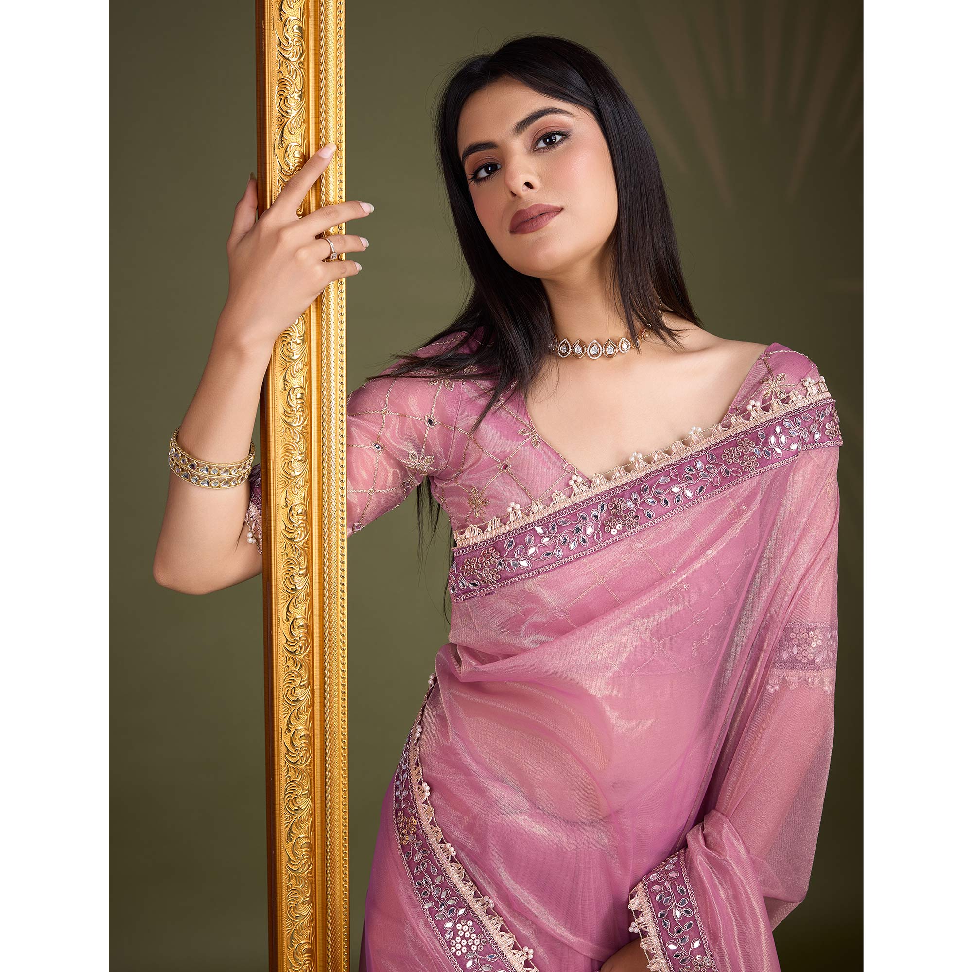 Onion Pink Sequins Embroidery With Mirror Handwork Twill Net Saree - Image 9