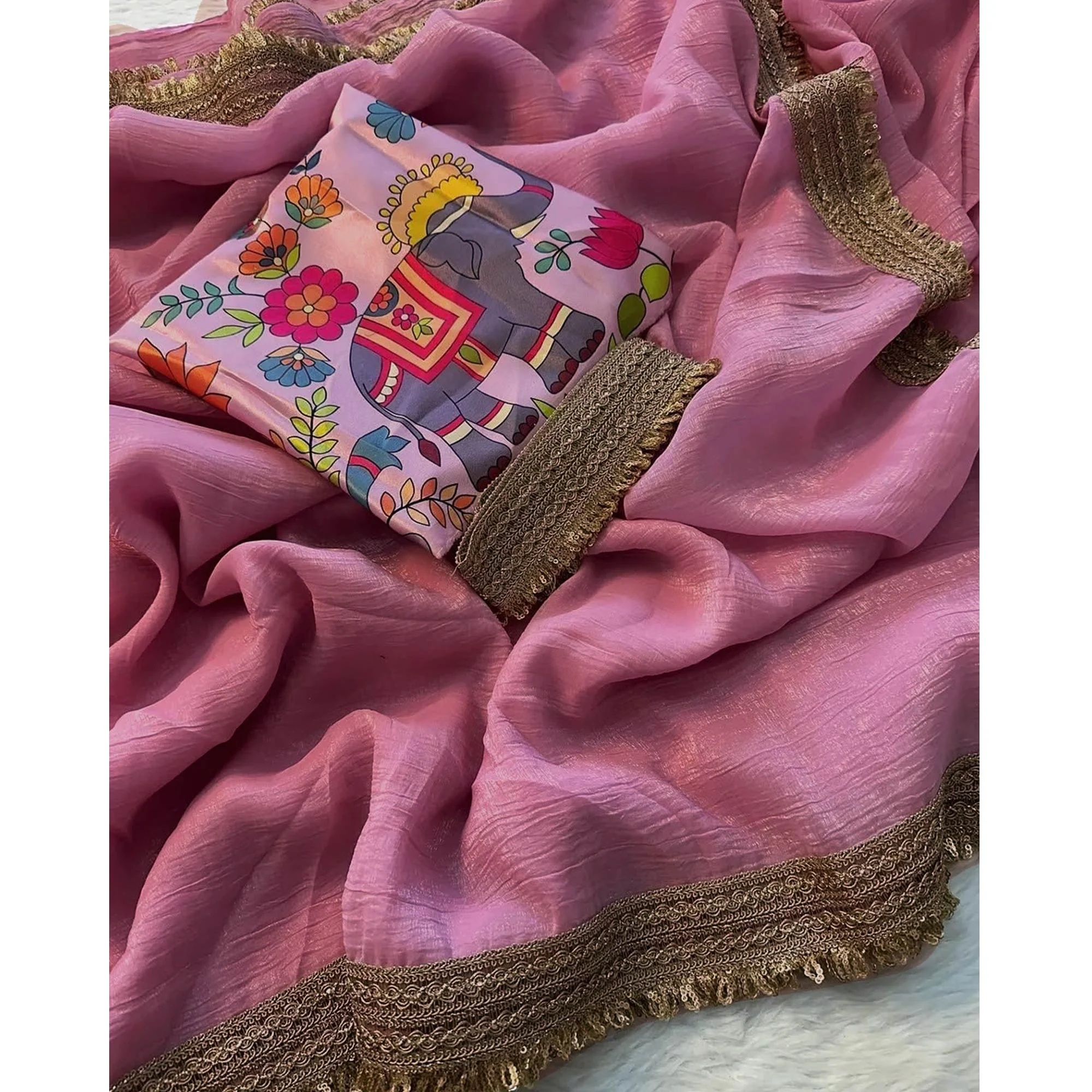 Onion Pink Solid Fancy Fabric Saree With Zari Sequins Lace Border - Image 3
