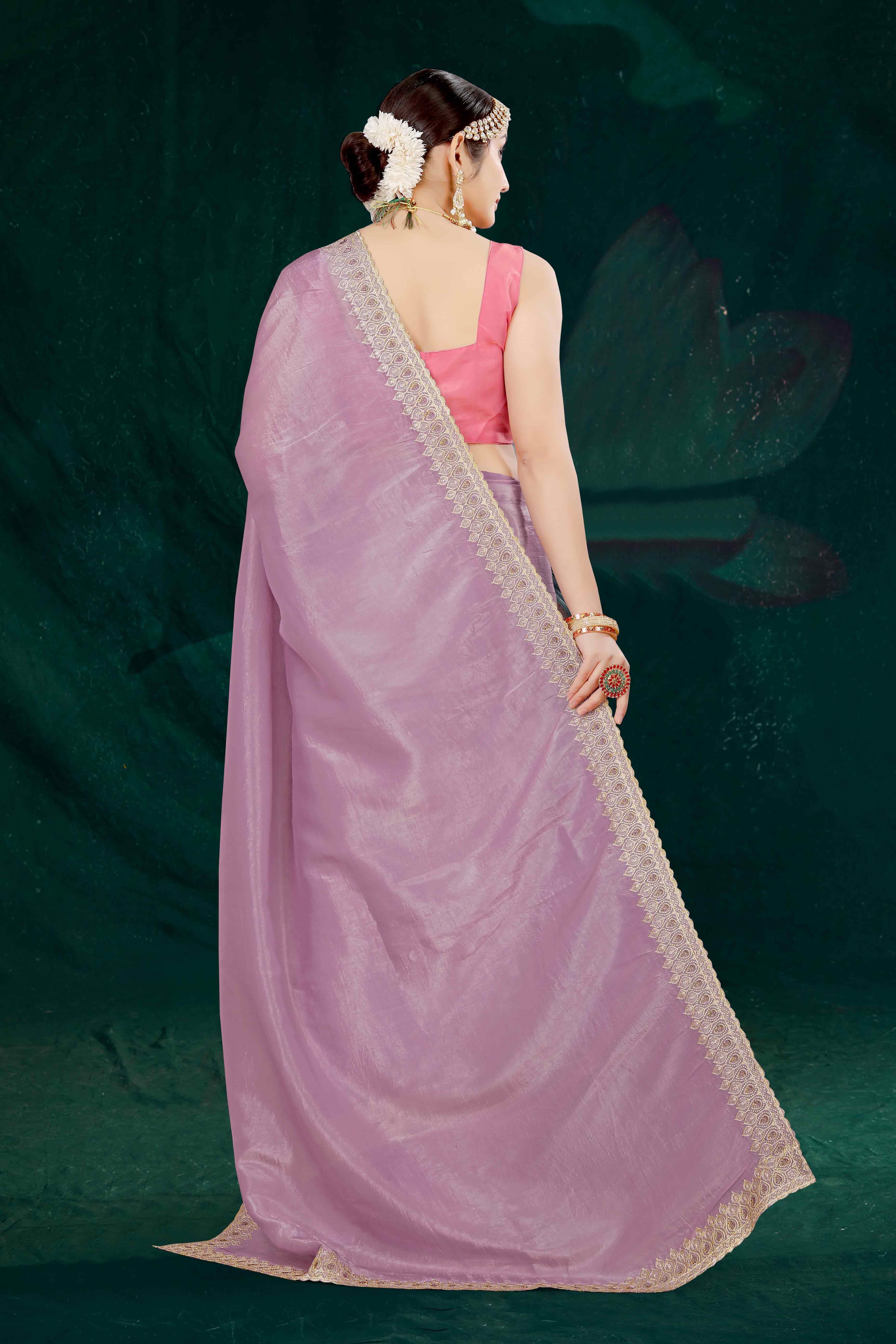 Onion Pink Solid With Swarovski Work Tissue Gold Crush Saree - Image 5