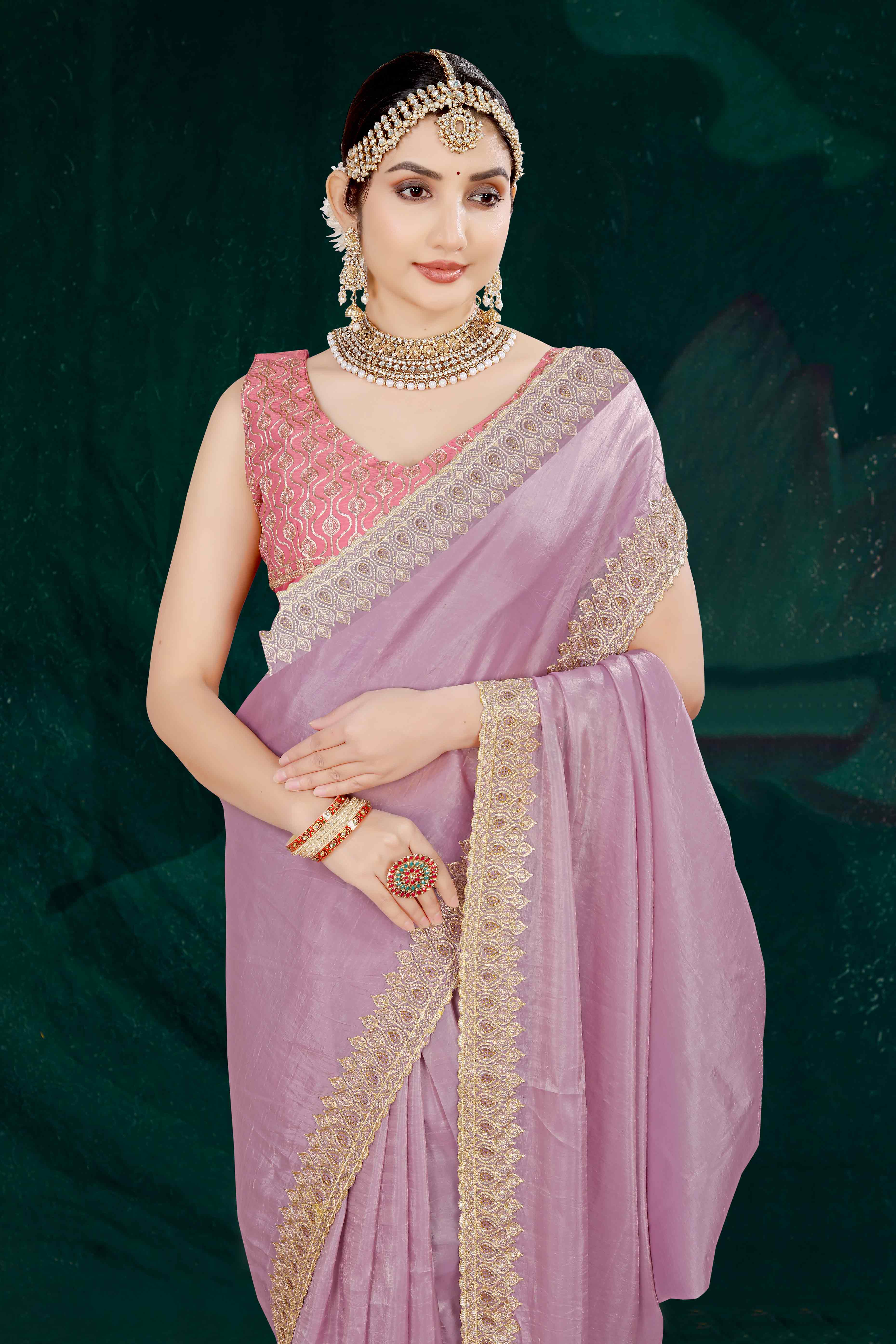 Onion Pink Solid With Swarovski Work Tissue Gold Crush Saree - Image 6