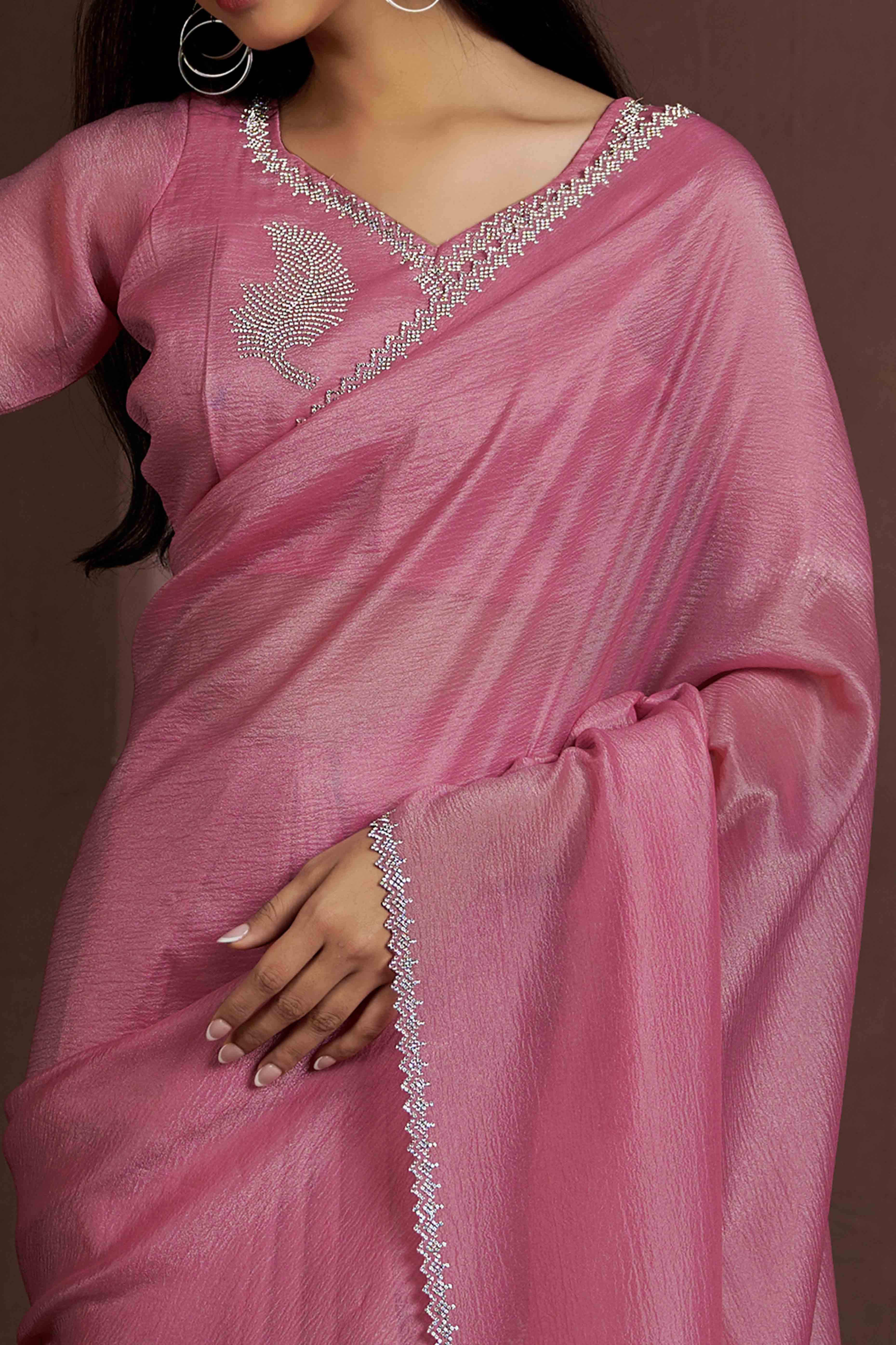 Onion Pink Stone Work Embroidered Pure Silk Saree - Image 2