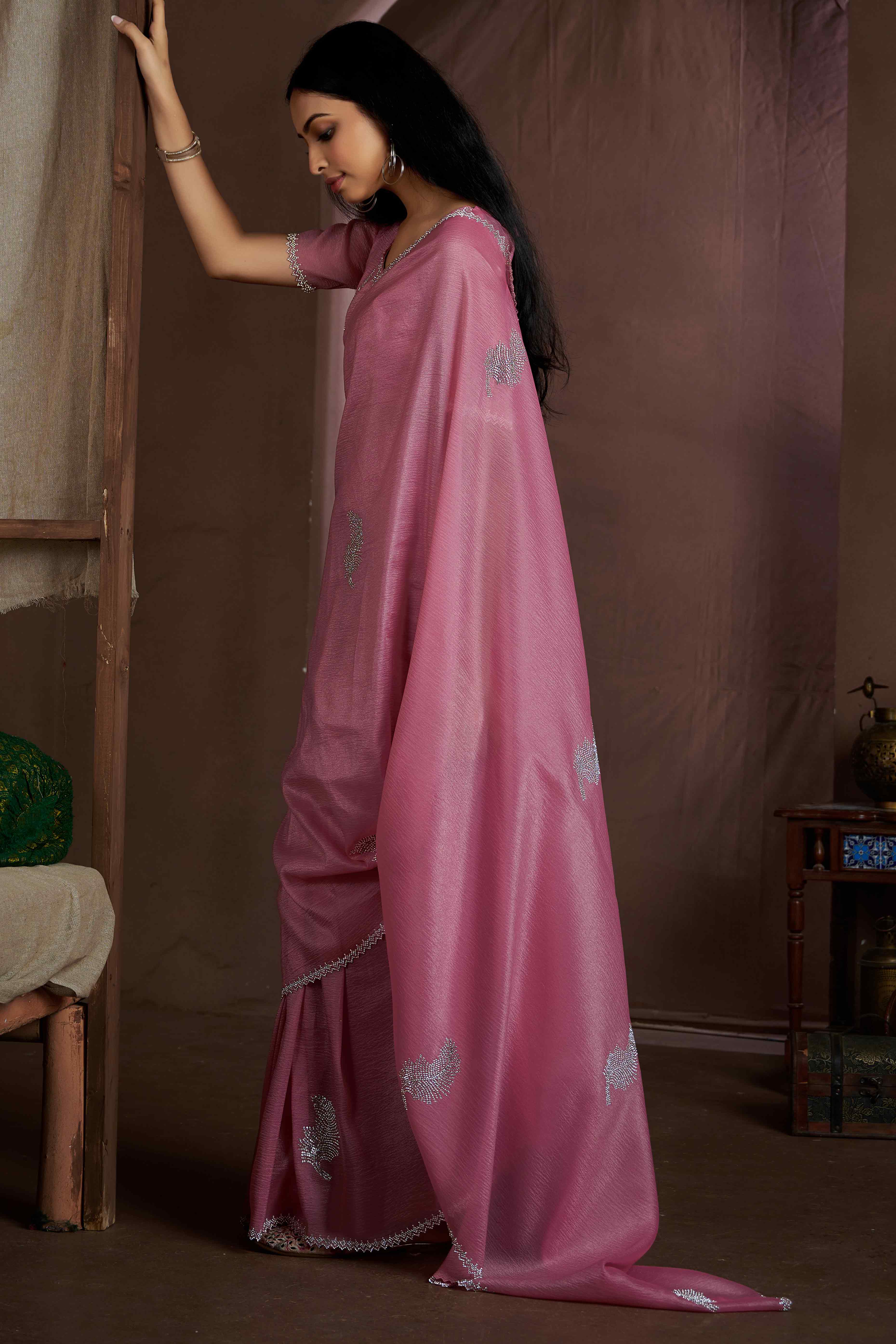 Onion Pink Stone Work Embroidered Pure Silk Saree - Image 3