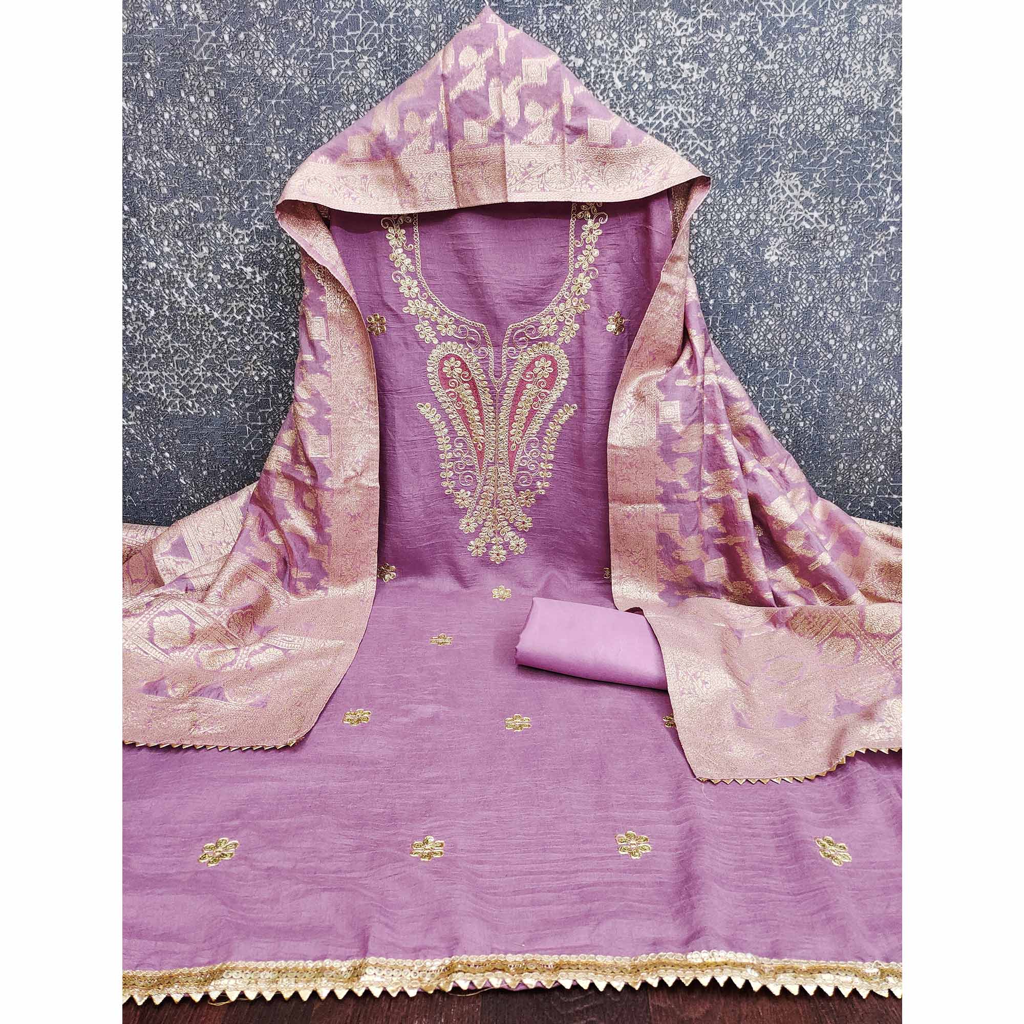Onion Pink Vichitra Silk Dress Material Enhanced With Elegant Floral Sequins Cording Embroidery - Image 4