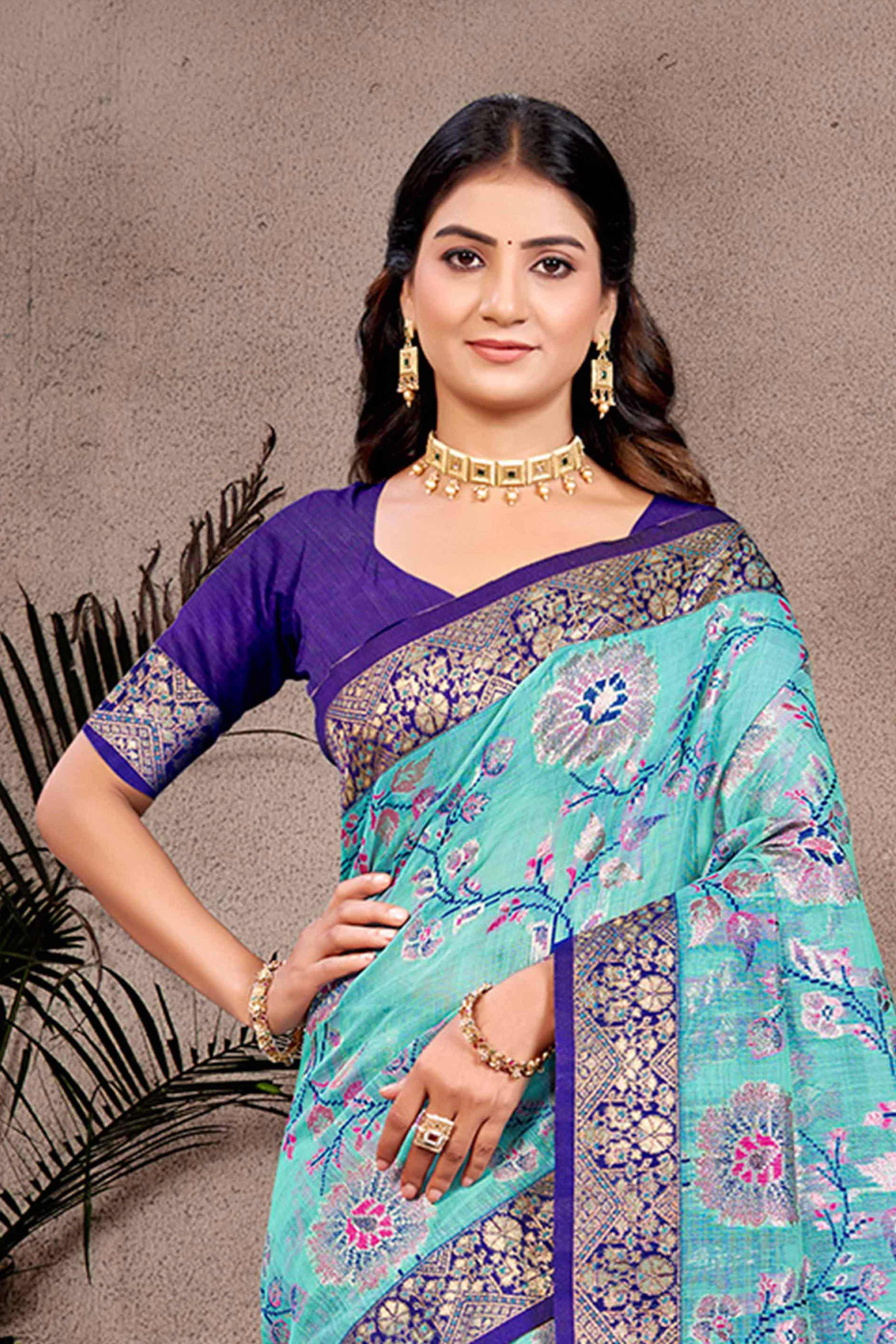 Opulent Blue Floral Zari Motif Weaving Cotton Silk Saree With Elegant Tassel Pallu - Image 3